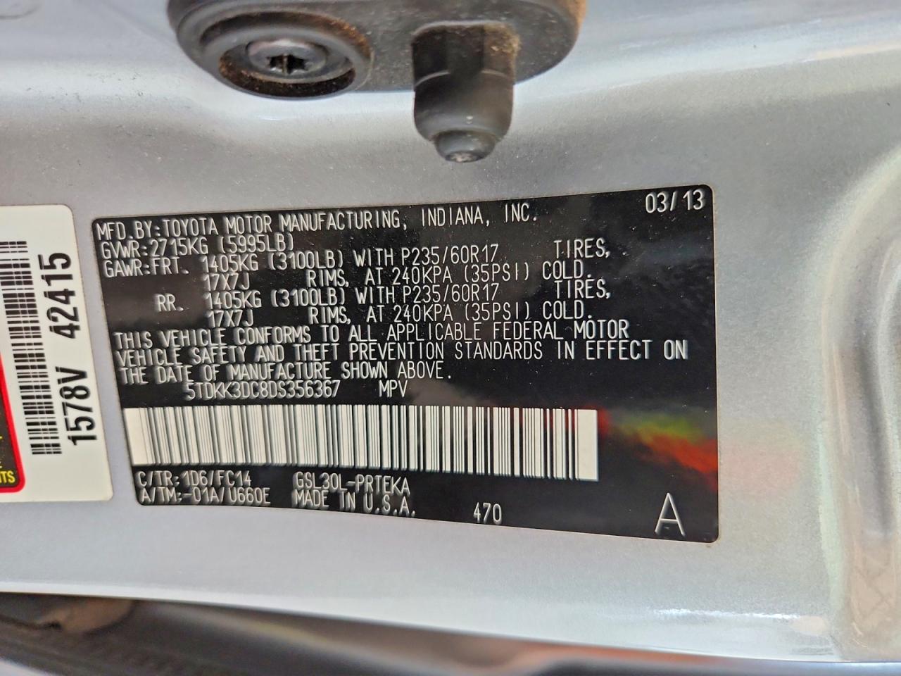 2013 Toyota Sienna Le Silver vin: 5TDKK3DC8DS356367