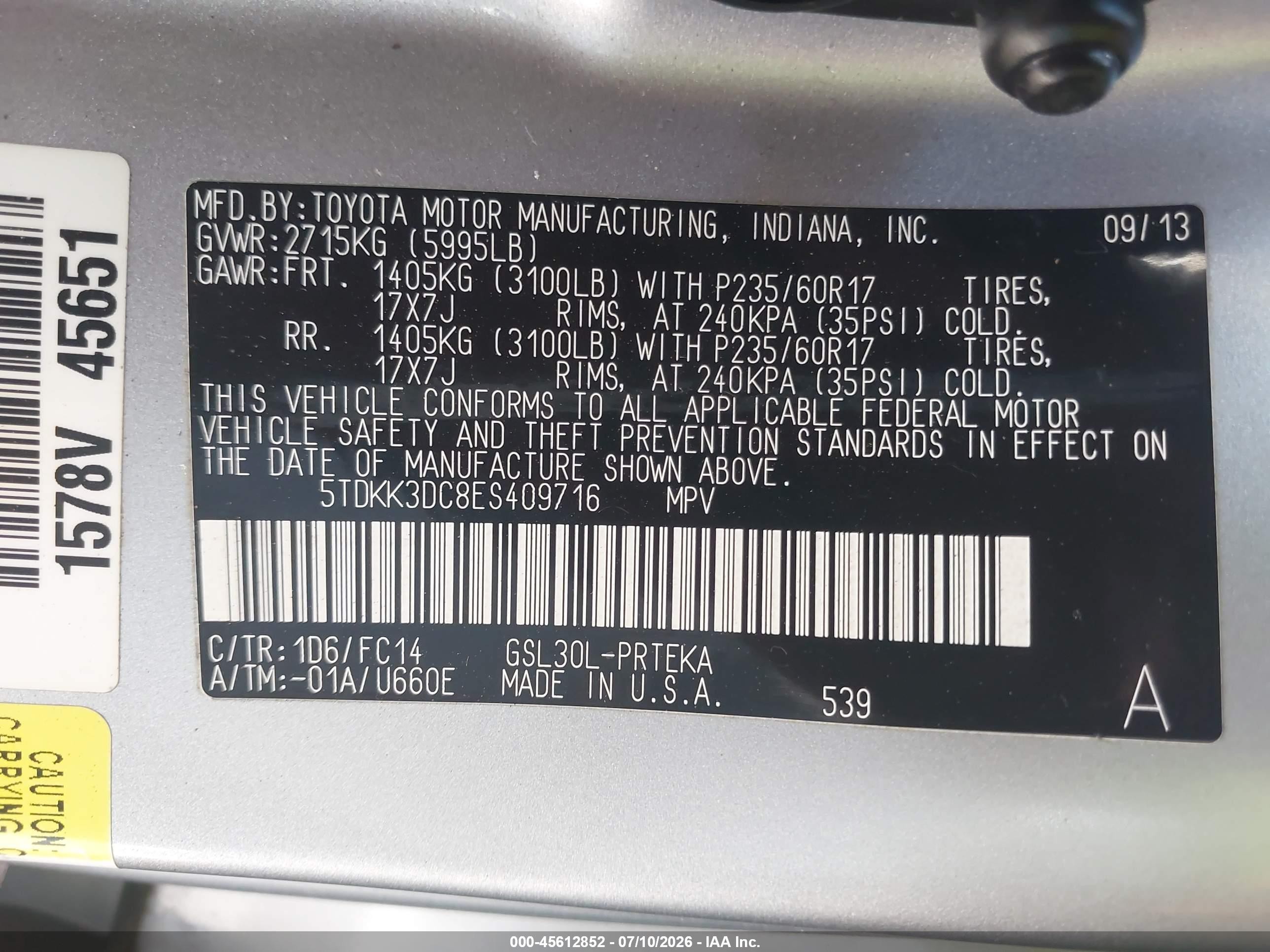 2014 Toyota Sienna Le V6 8 Passenger Серебряный vin: 5TDKK3DC8ES409716