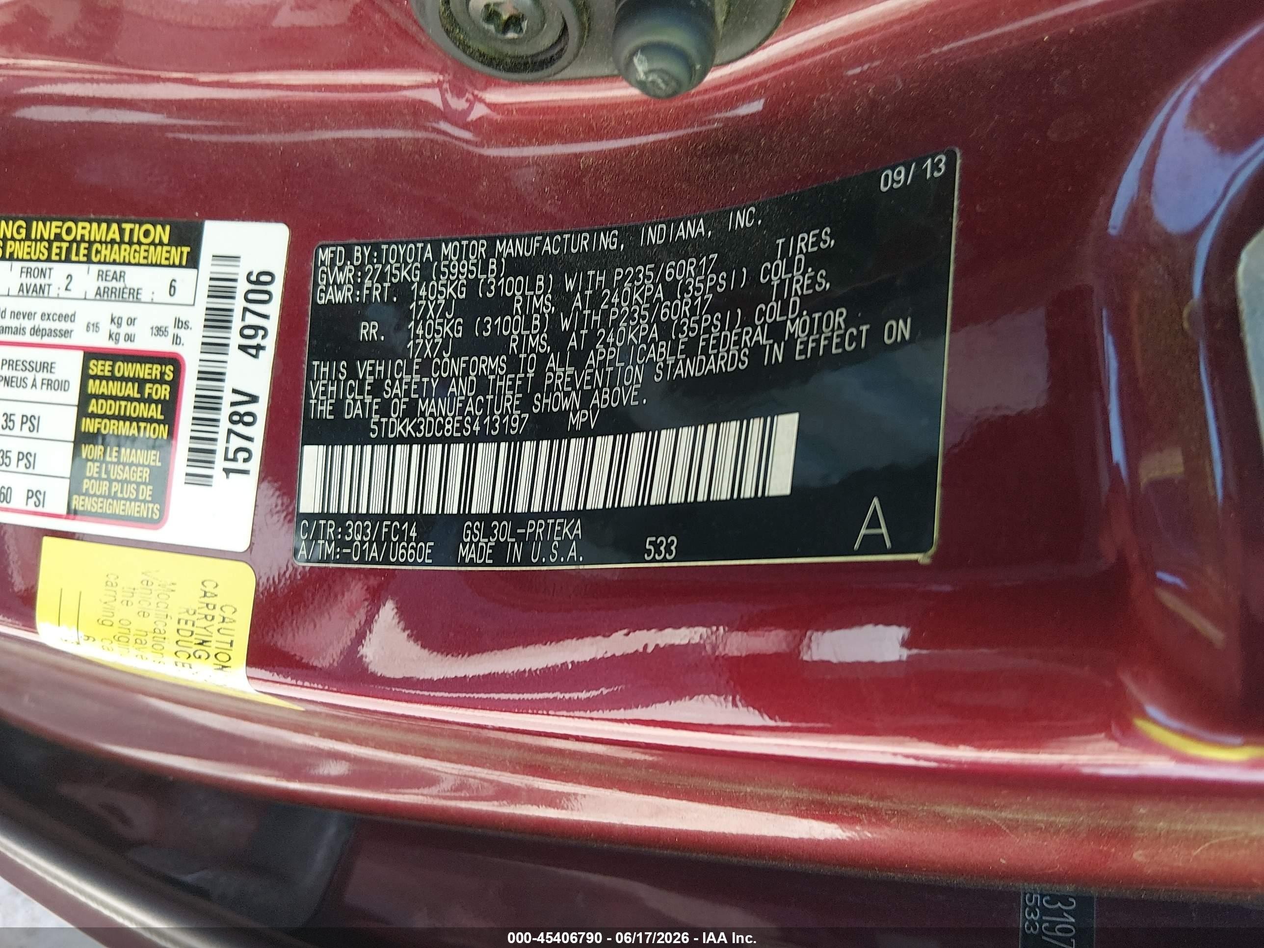 2014 Toyota Sienna Le V6 8 Passenger Red vin: 5TDKK3DC8ES413197