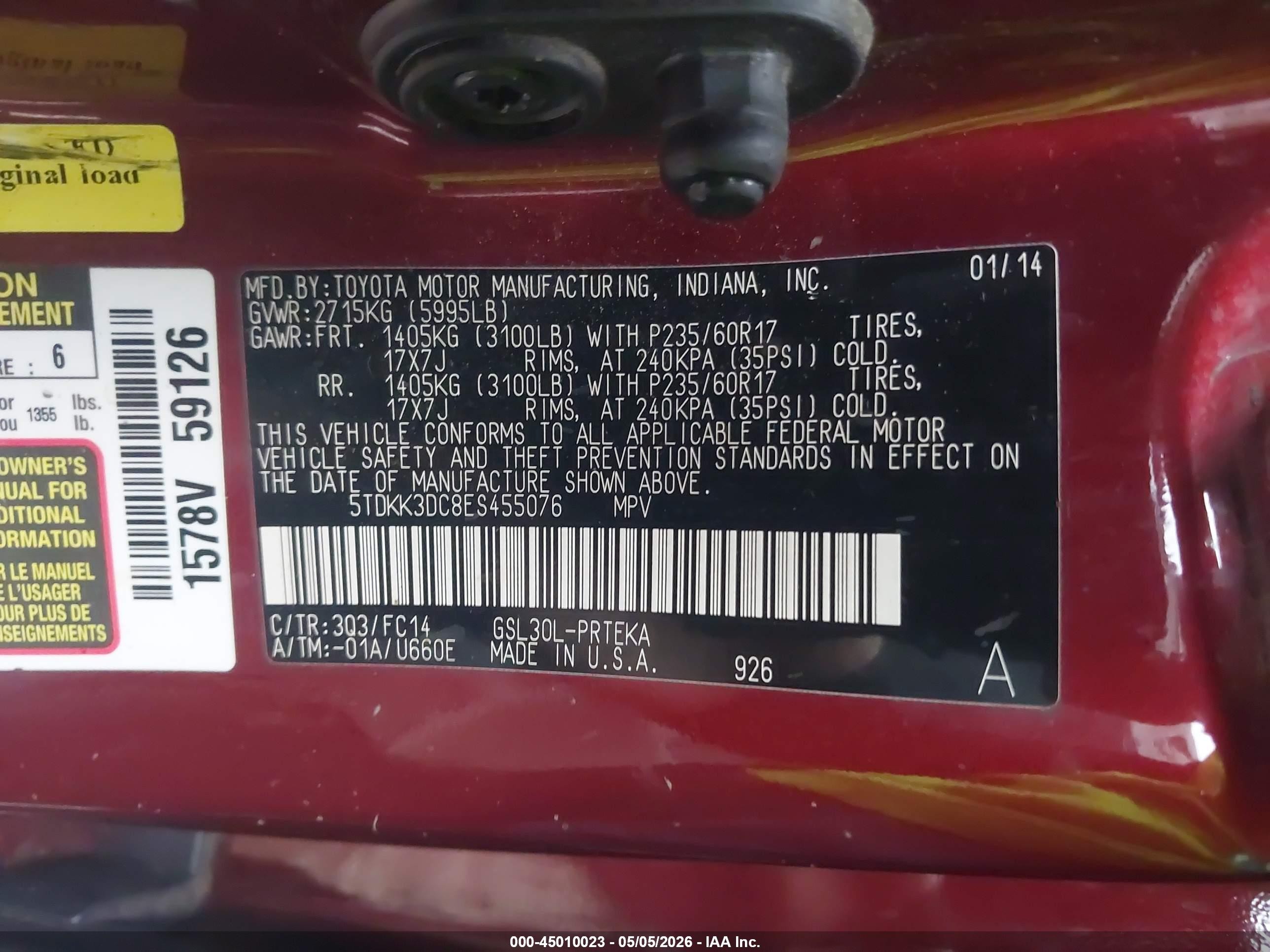 2014 Toyota Sienna Le V6 8 Passenger Red vin: 5TDKK3DC8ES455076