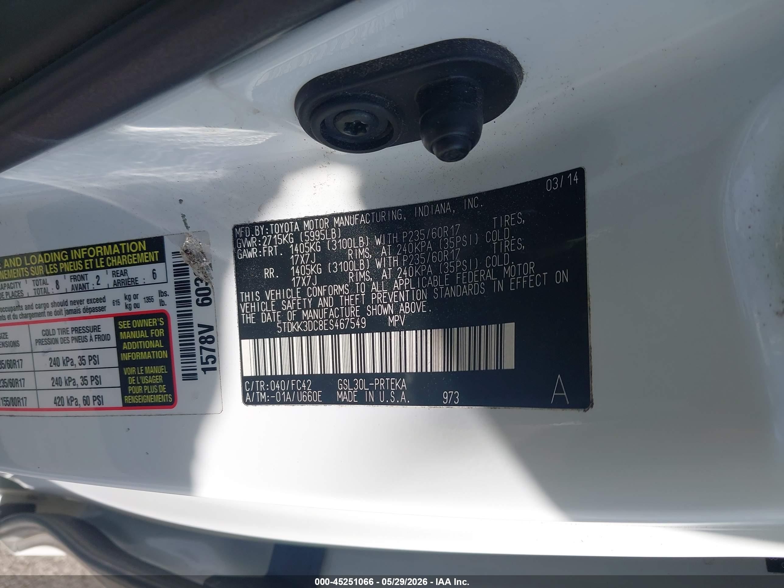 2014 Toyota Sienna Le V6 8 Passenger Белый vin: 5TDKK3DC8ES467549