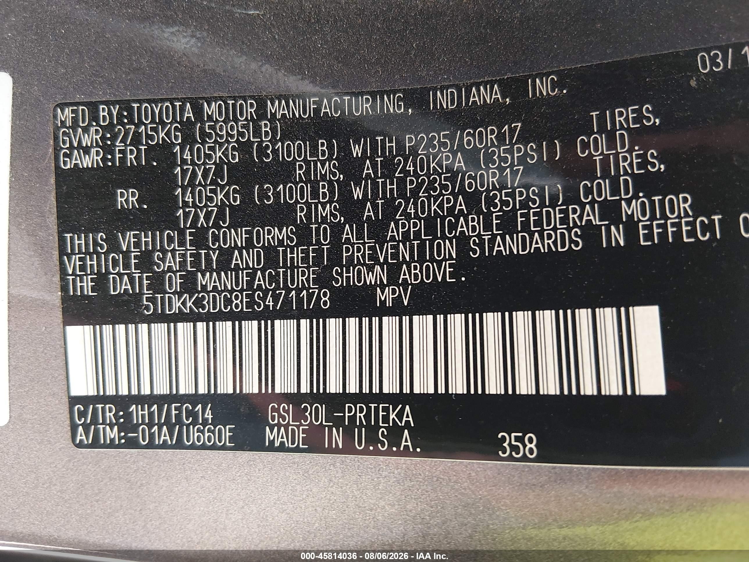2014 Toyota Sienna Le V6 8 Passenger Gray vin: 5TDKK3DC8ES471178