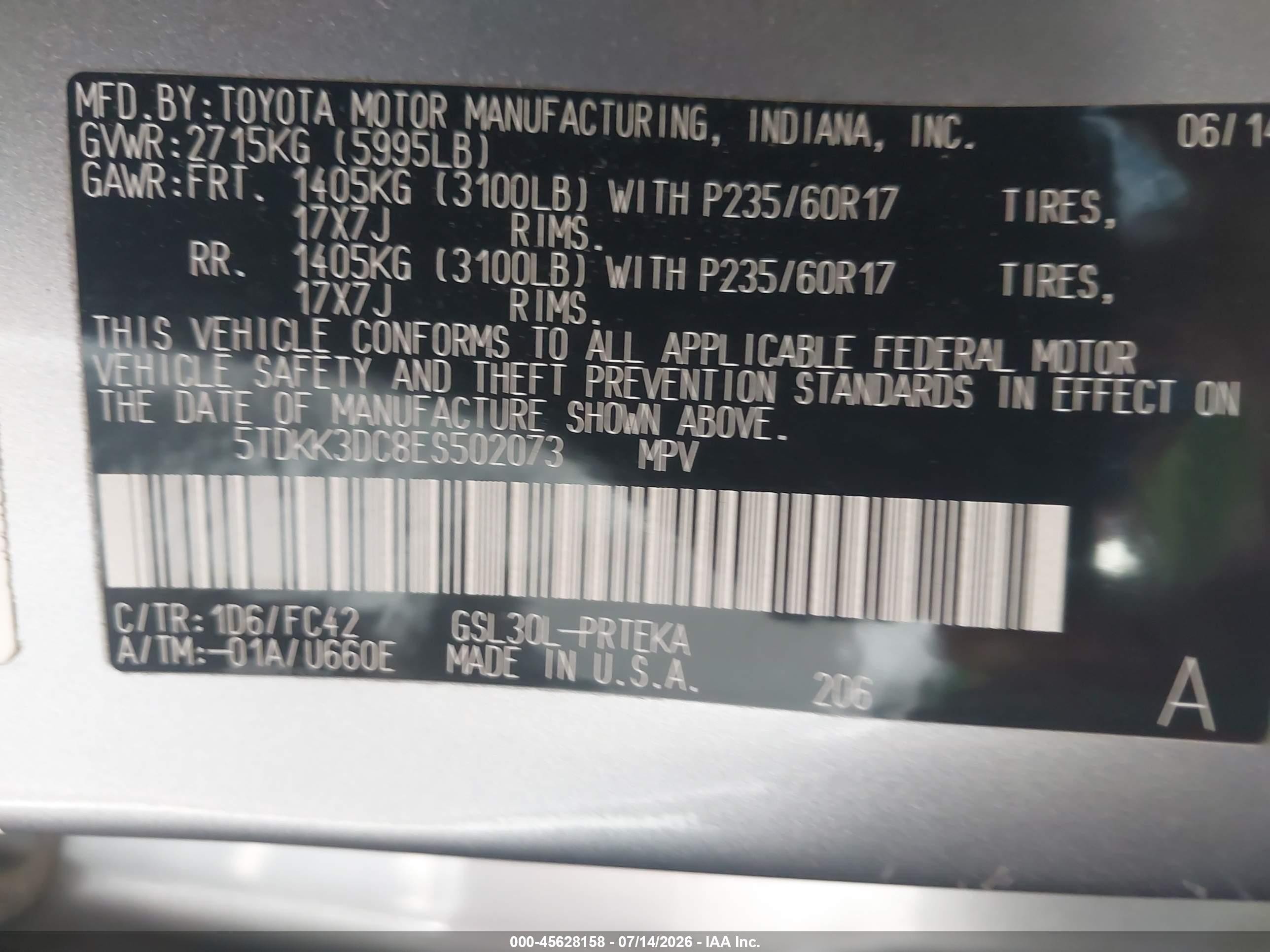 2014 Toyota Sienna Le V6 8 Passenger Light Blue vin: 5TDKK3DC8ES502073