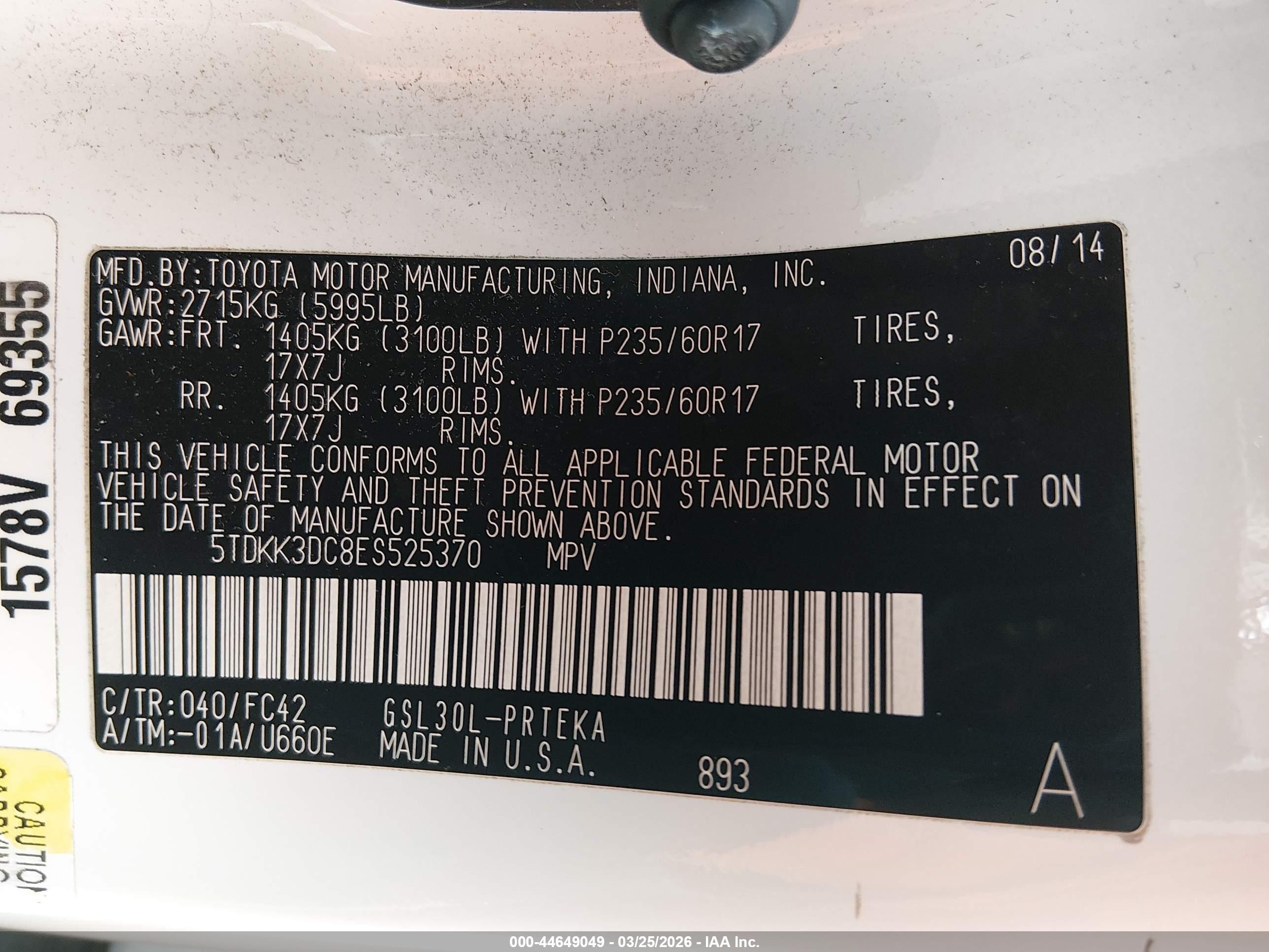 2014 Toyota Sienna Le V6 8 Passenger White vin: 5TDKK3DC8ES525370