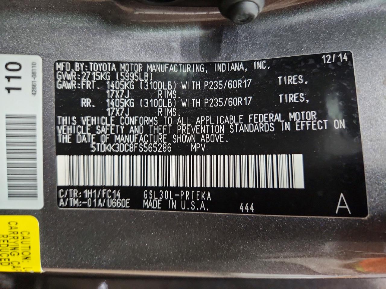 2015 Toyota Sienna Le Gray vin: 5TDKK3DC8FS565286