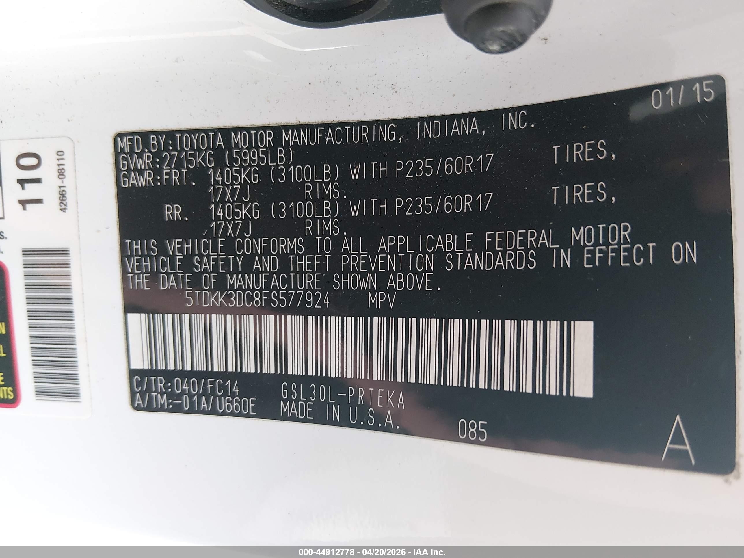 2015 Toyota Sienna Le 8 Passenger White vin: 5TDKK3DC8FS577924