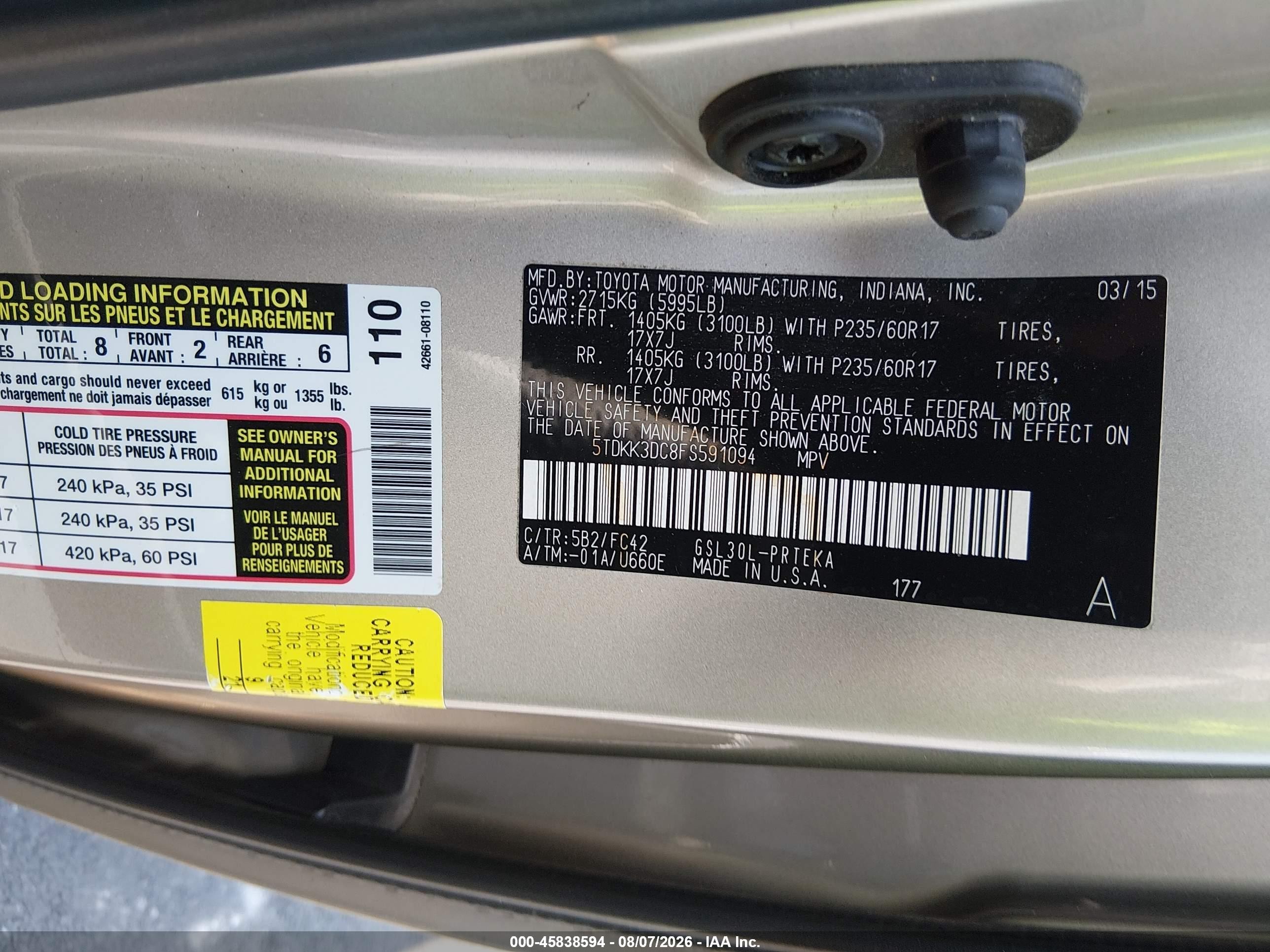 2015 Toyota Sienna Le 8 Passenger White vin: 5TDKK3DC8FS591094