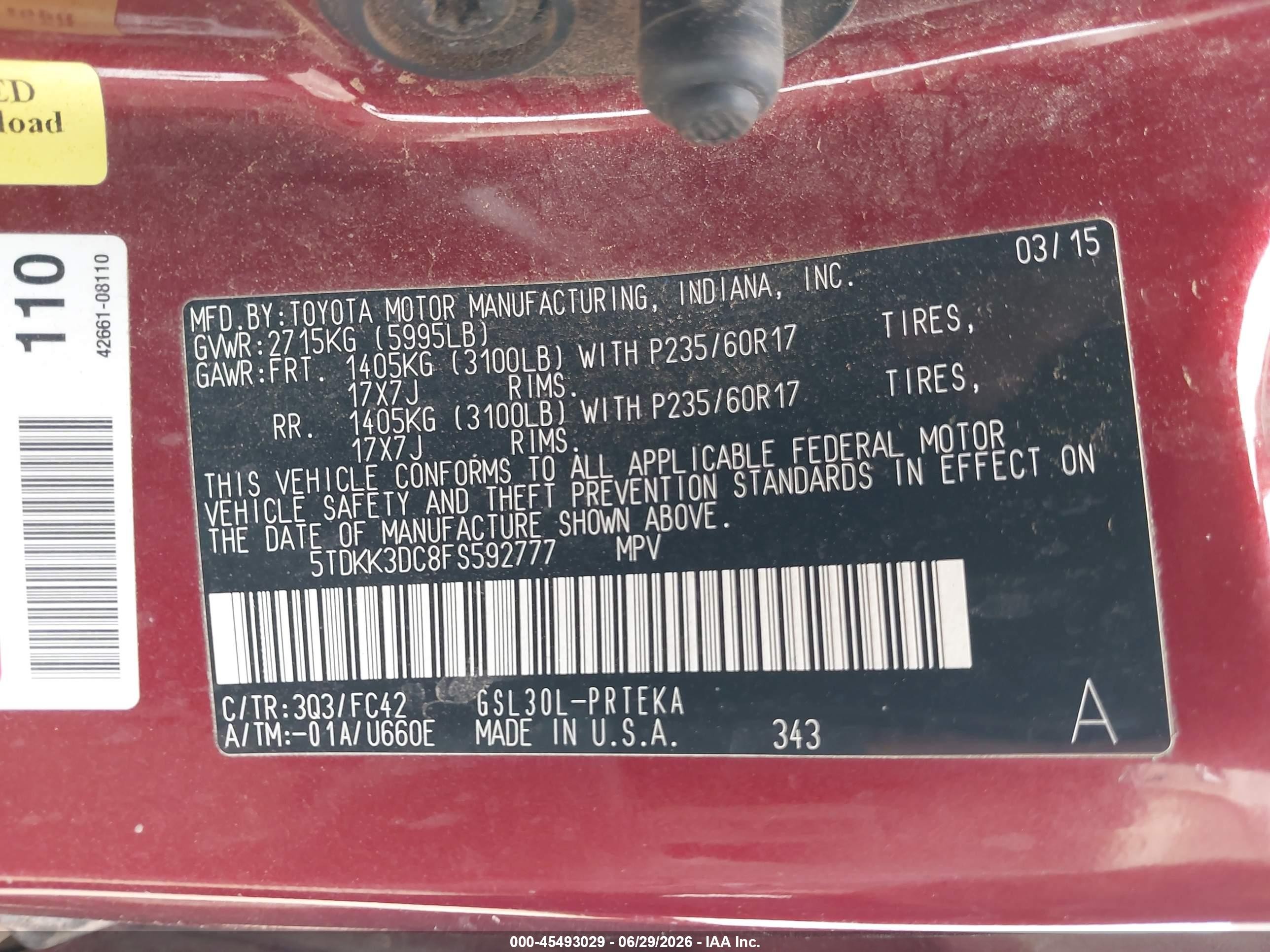 2015 Toyota Sienna Le 8 Passenger Maroon vin: 5TDKK3DC8FS592777