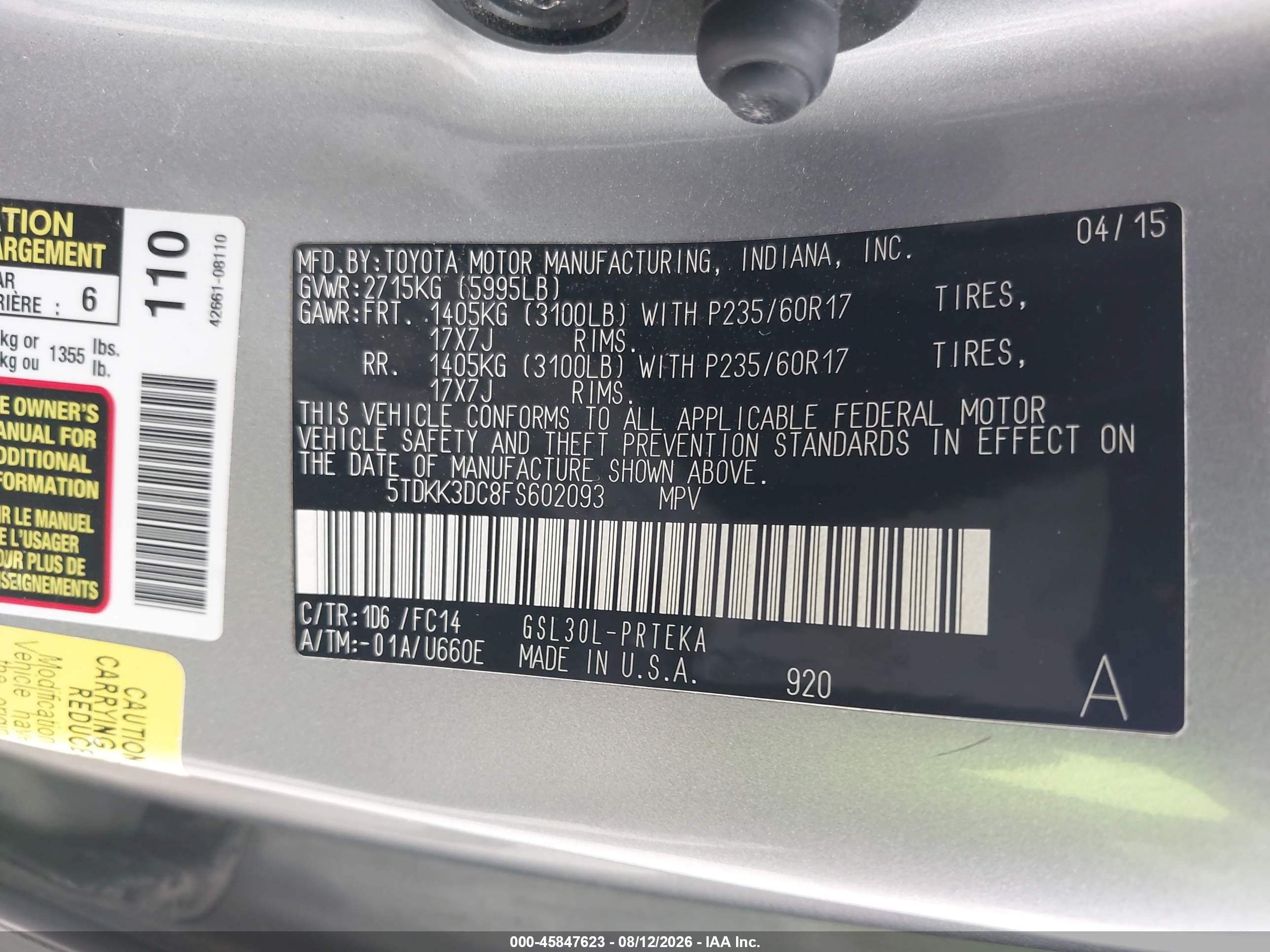 2015 Toyota Sienna Le 8 Passenger Silver vin: 5TDKK3DC8FS602093