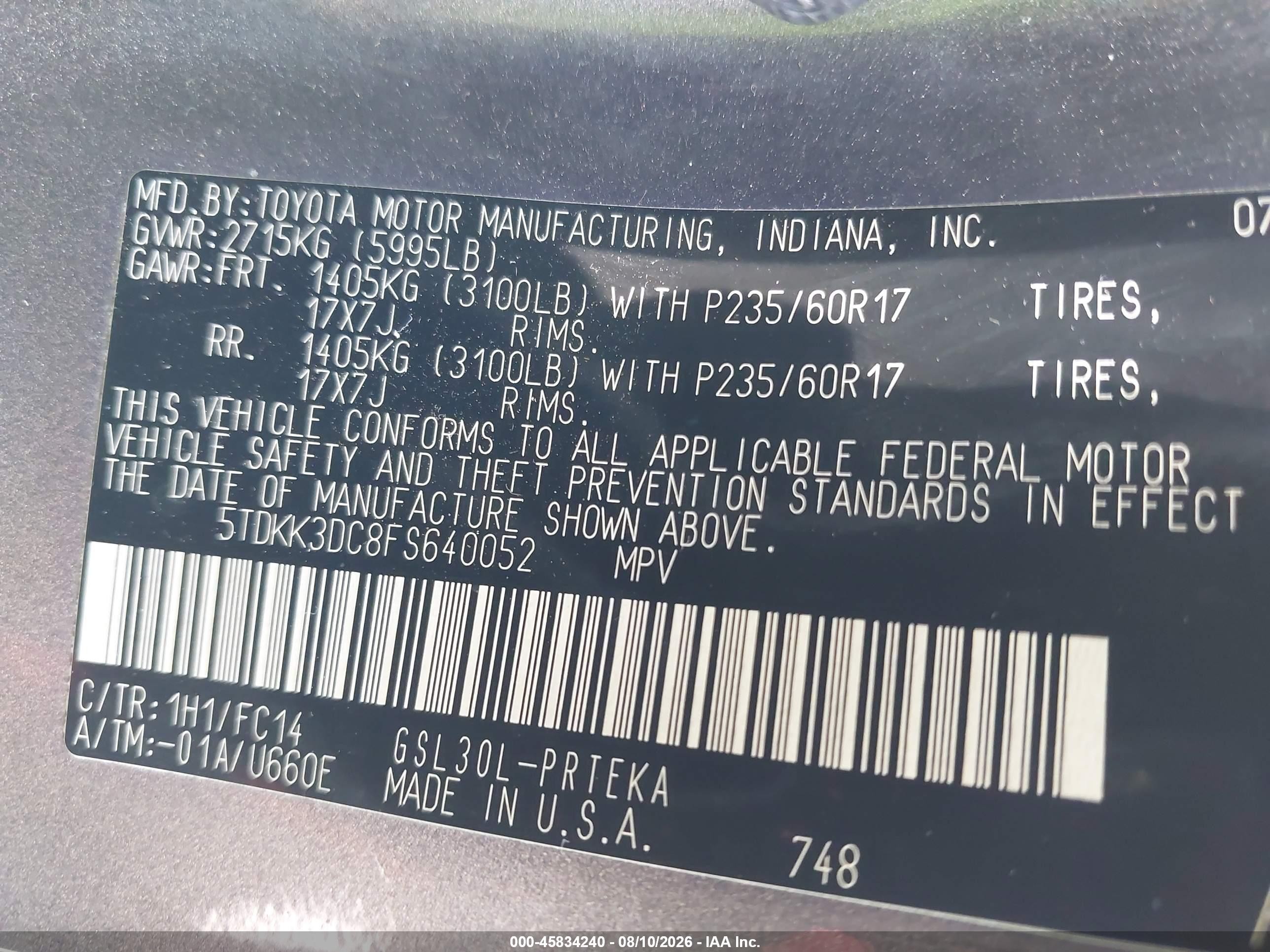 2015 Toyota Sienna Le 8 Passenger Gray vin: 5TDKK3DC8FS640052