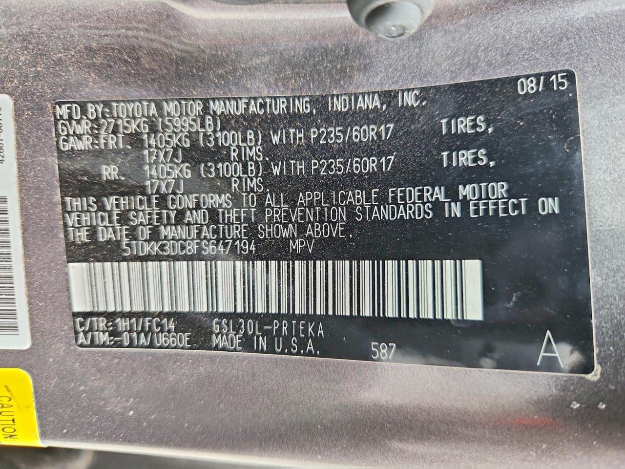 2015 Toyota Sienna Le Gray vin: 5TDKK3DC8FS647194