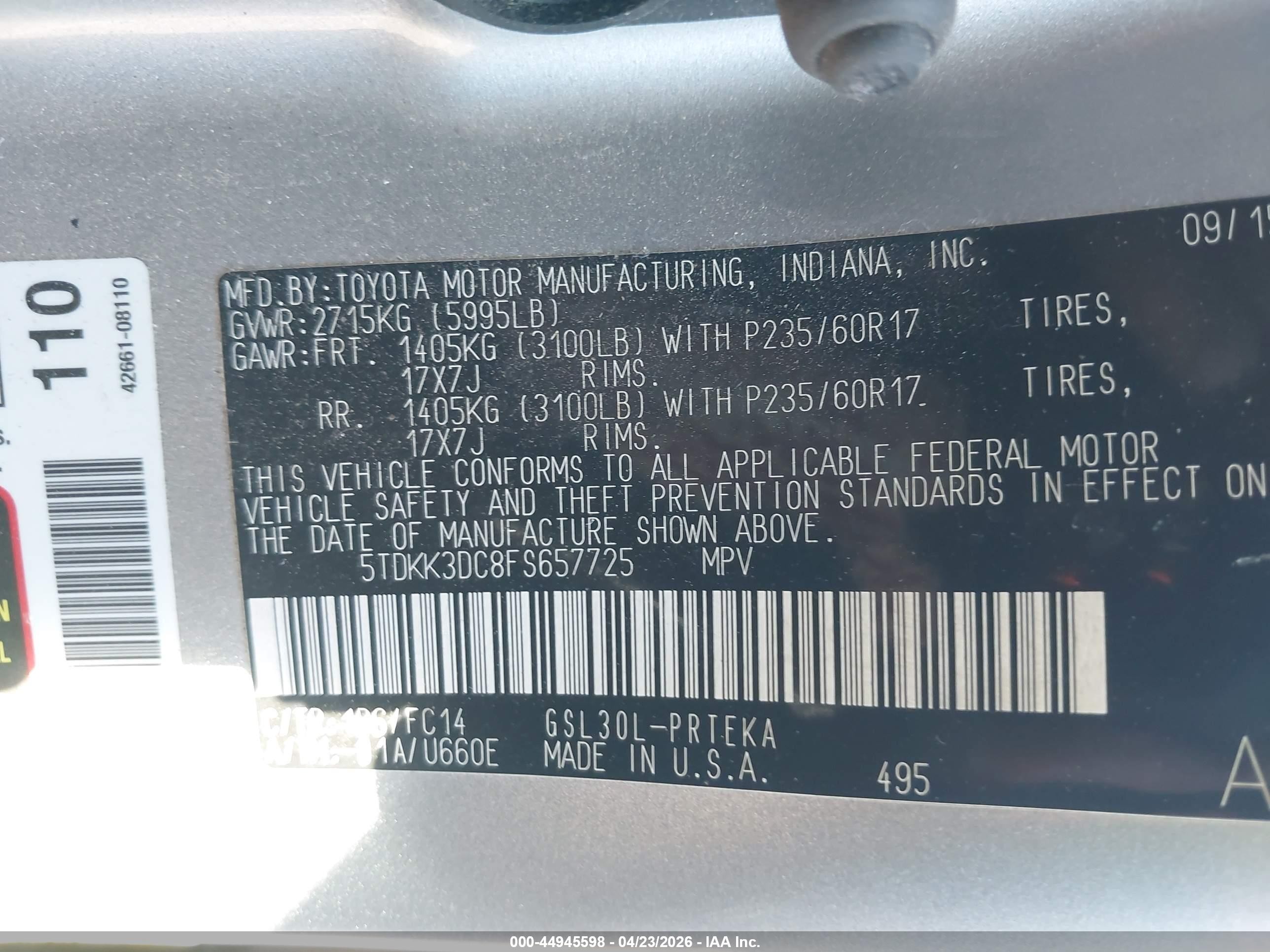 2015 Toyota Sienna Le 8 Passenger Silver vin: 5TDKK3DC8FS657725