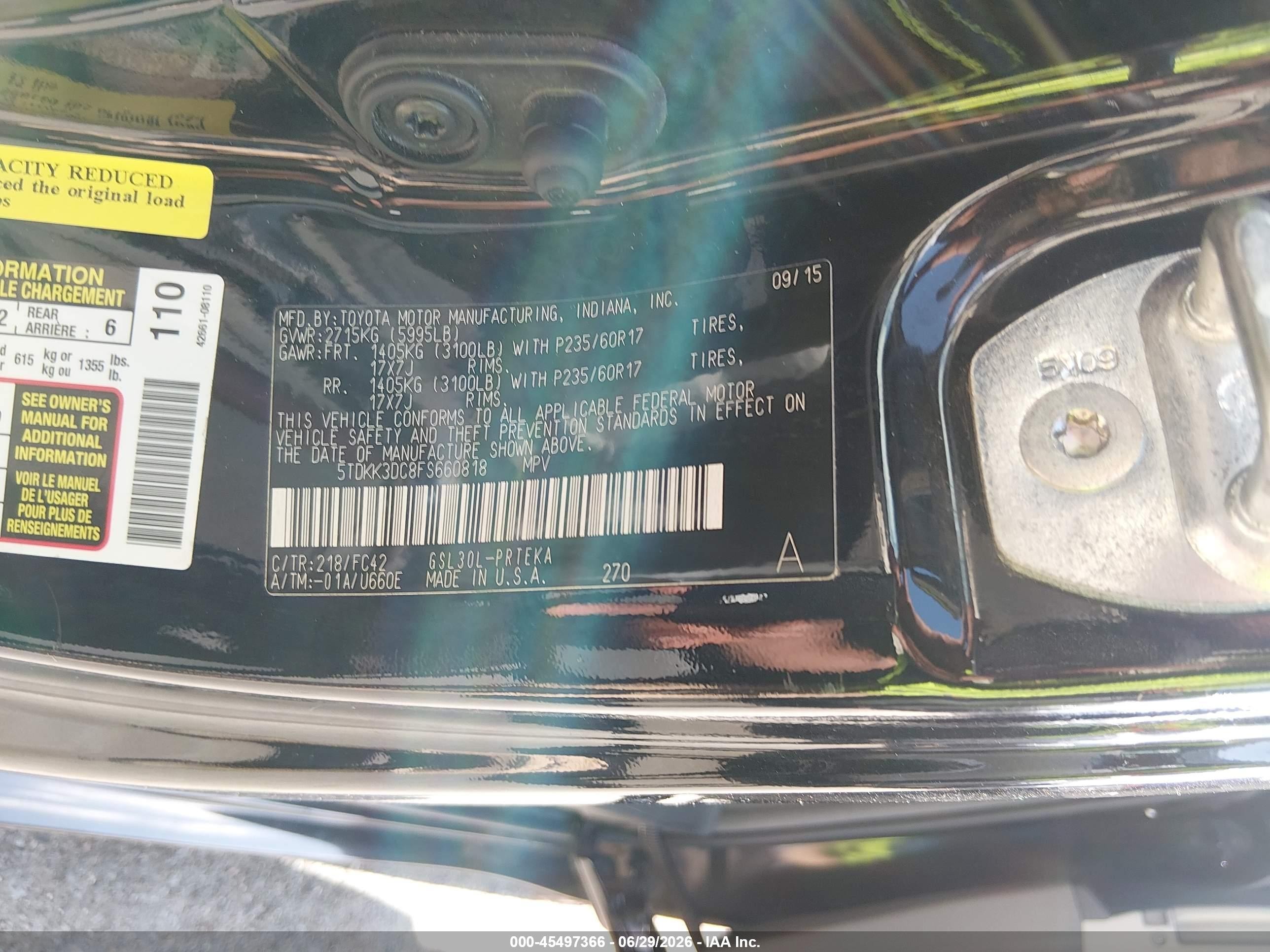 2015 Toyota Sienna Le 8 Passenger Черный vin: 5TDKK3DC8FS660818