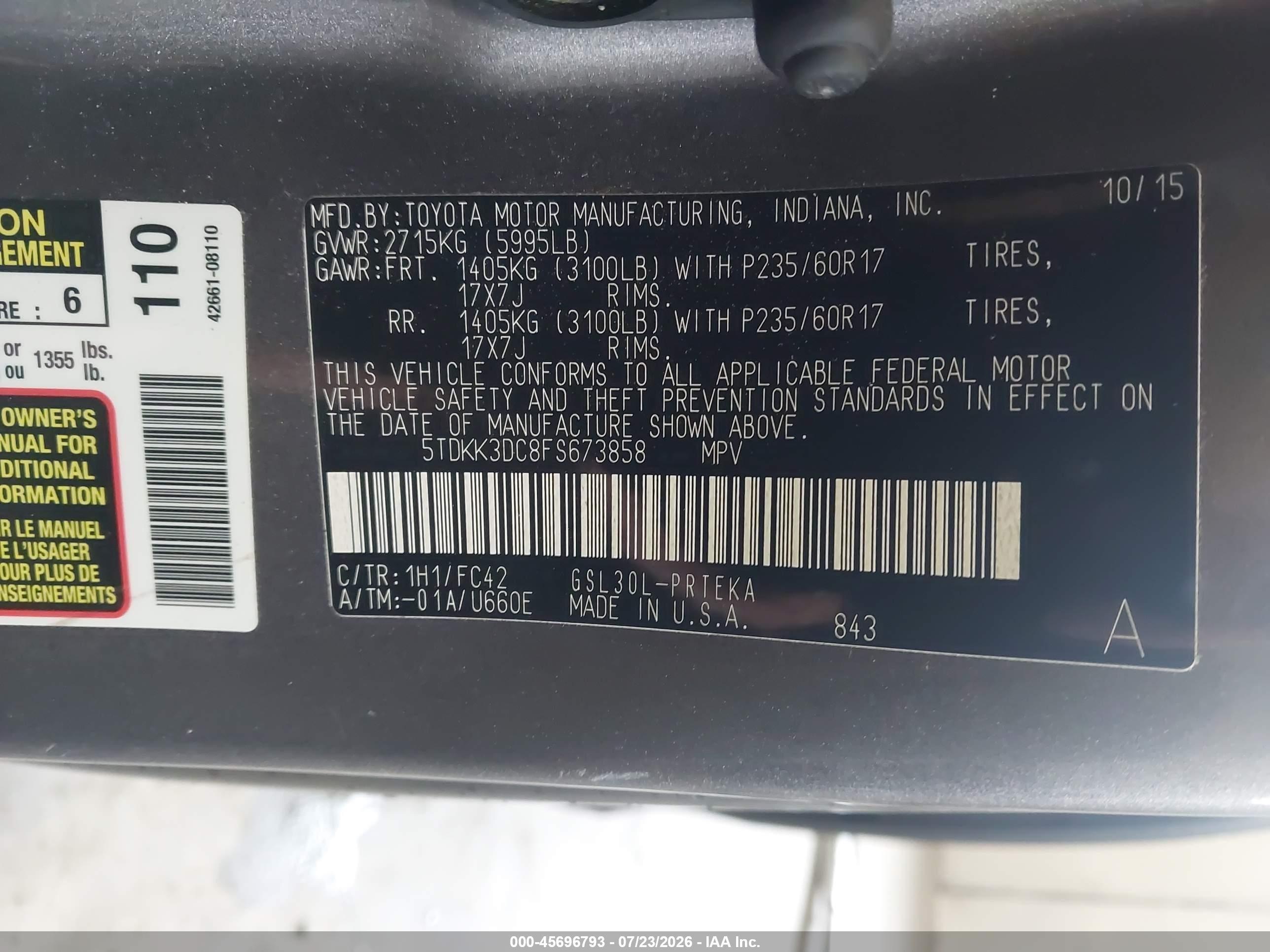2015 Toyota Sienna Le 8 Passenger Серый vin: 5TDKK3DC8FS673858