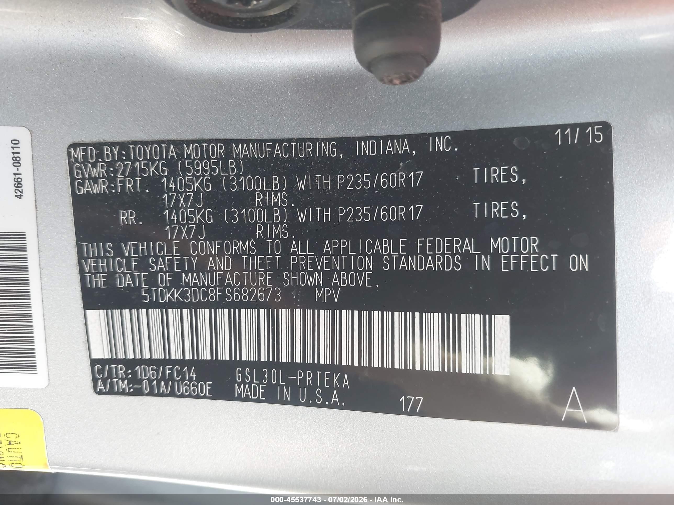 2015 Toyota Sienna Le 8 Passenger Silver vin: 5TDKK3DC8FS682673