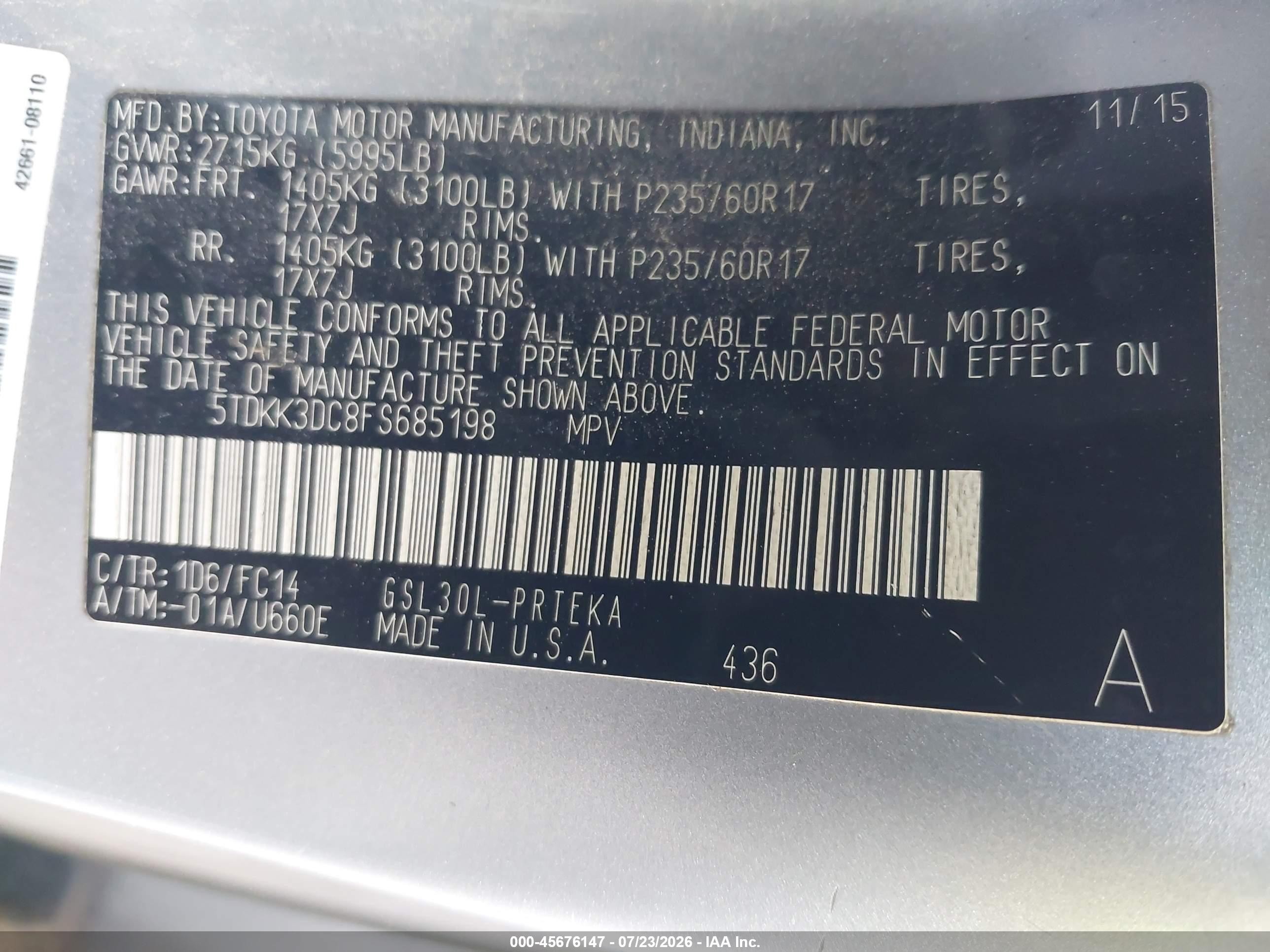 2015 Toyota Sienna Le 8 Passenger Silver vin: 5TDKK3DC8FS685198