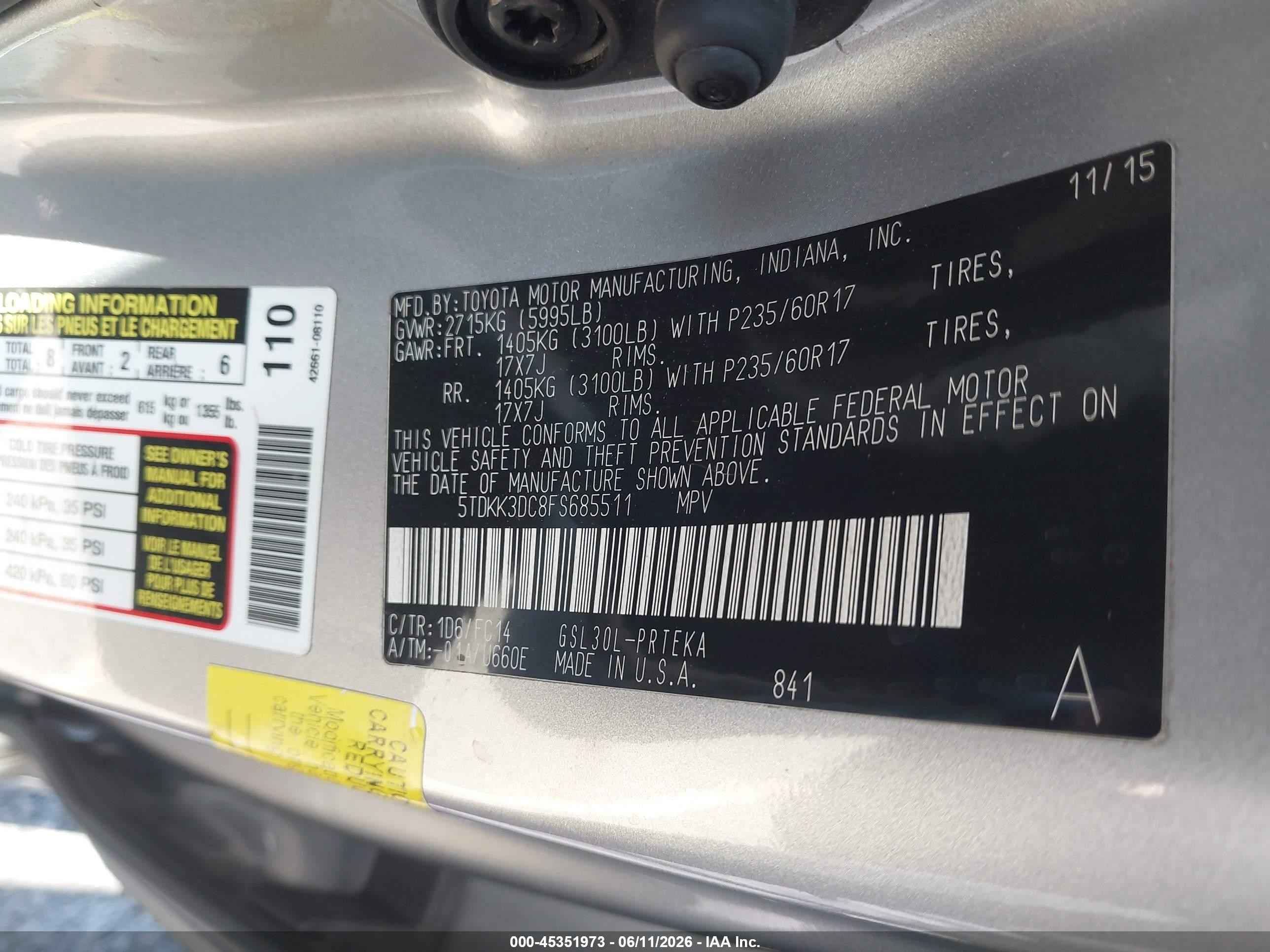 2015 Toyota Sienna Le 8 Passenger Silver vin: 5TDKK3DC8FS685511
