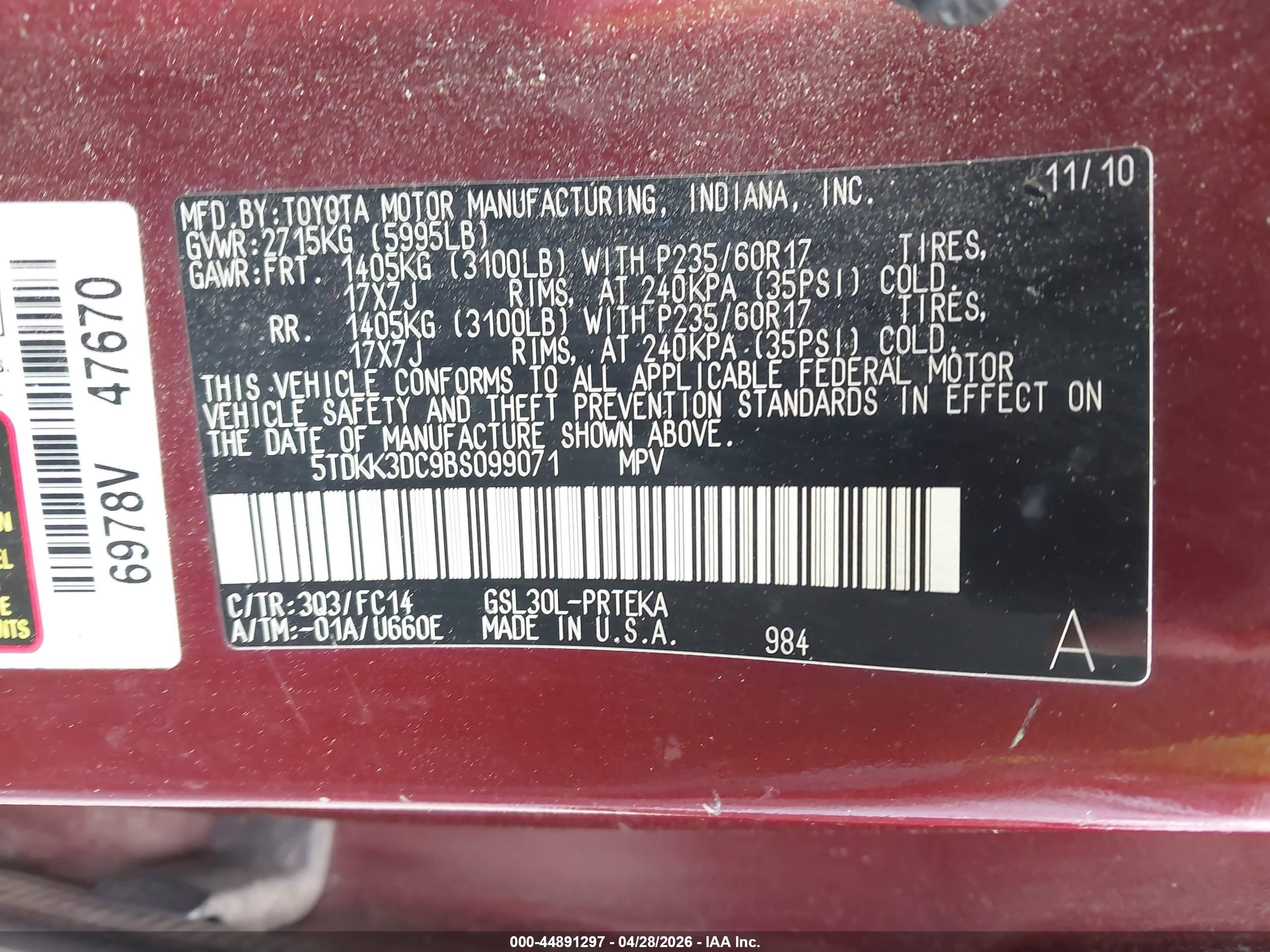 2011 Toyota Sienna Le V6 Burgundy vin: 5TDKK3DC9BS099071