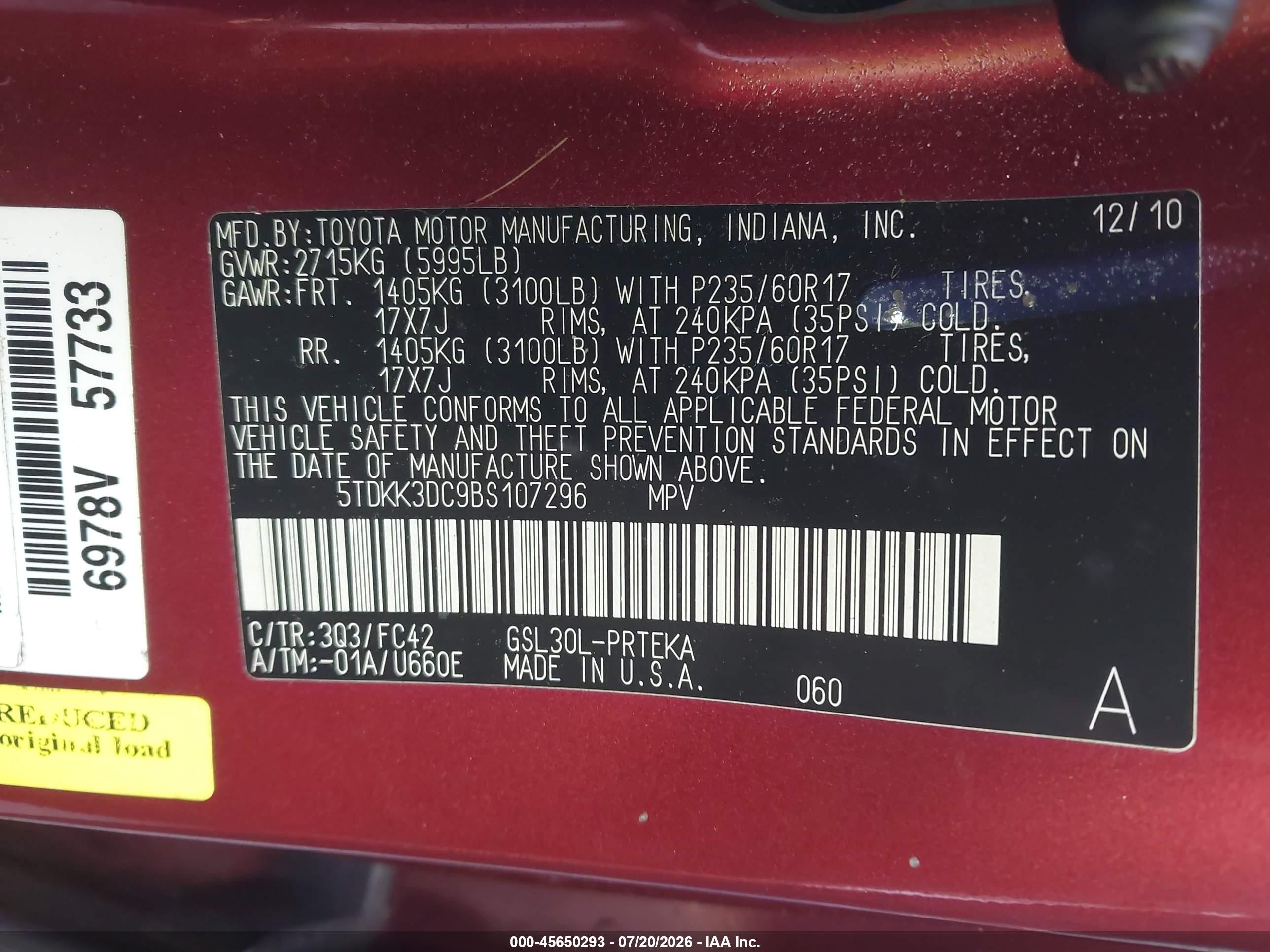 2011 Toyota Sienna Le V6 Burgundy vin: 5TDKK3DC9BS107296