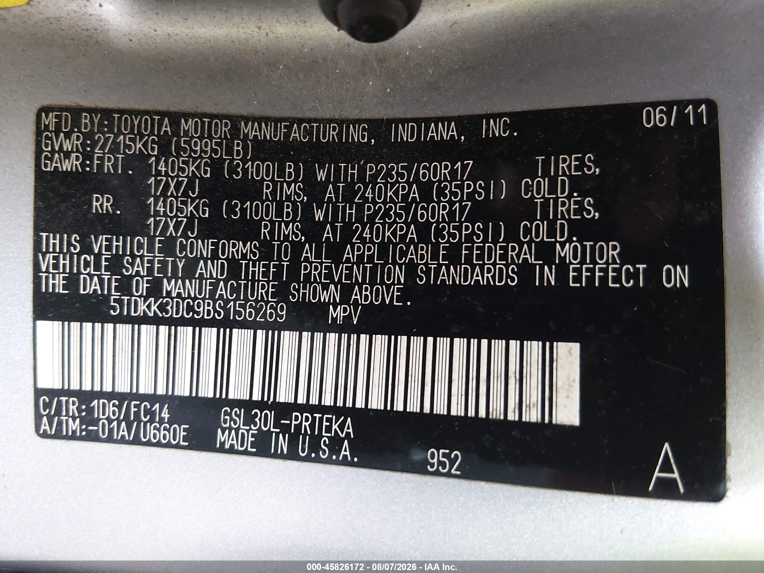 2011 Toyota Sienna Le V6 Серебряный vin: 5TDKK3DC9BS156269
