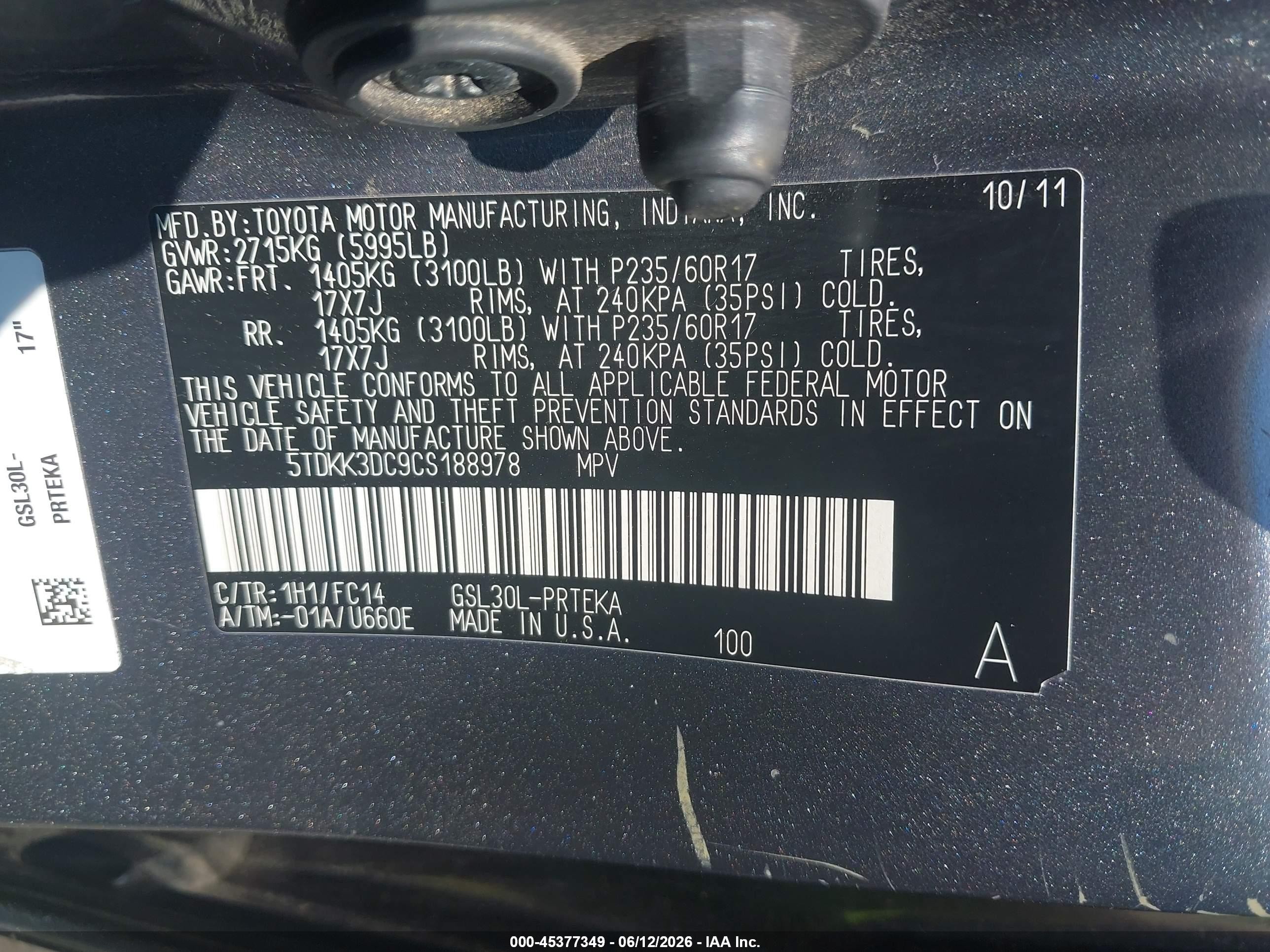 2012 Toyota Sienna Le V6 8 Passenger Gray vin: 5TDKK3DC9CS188978