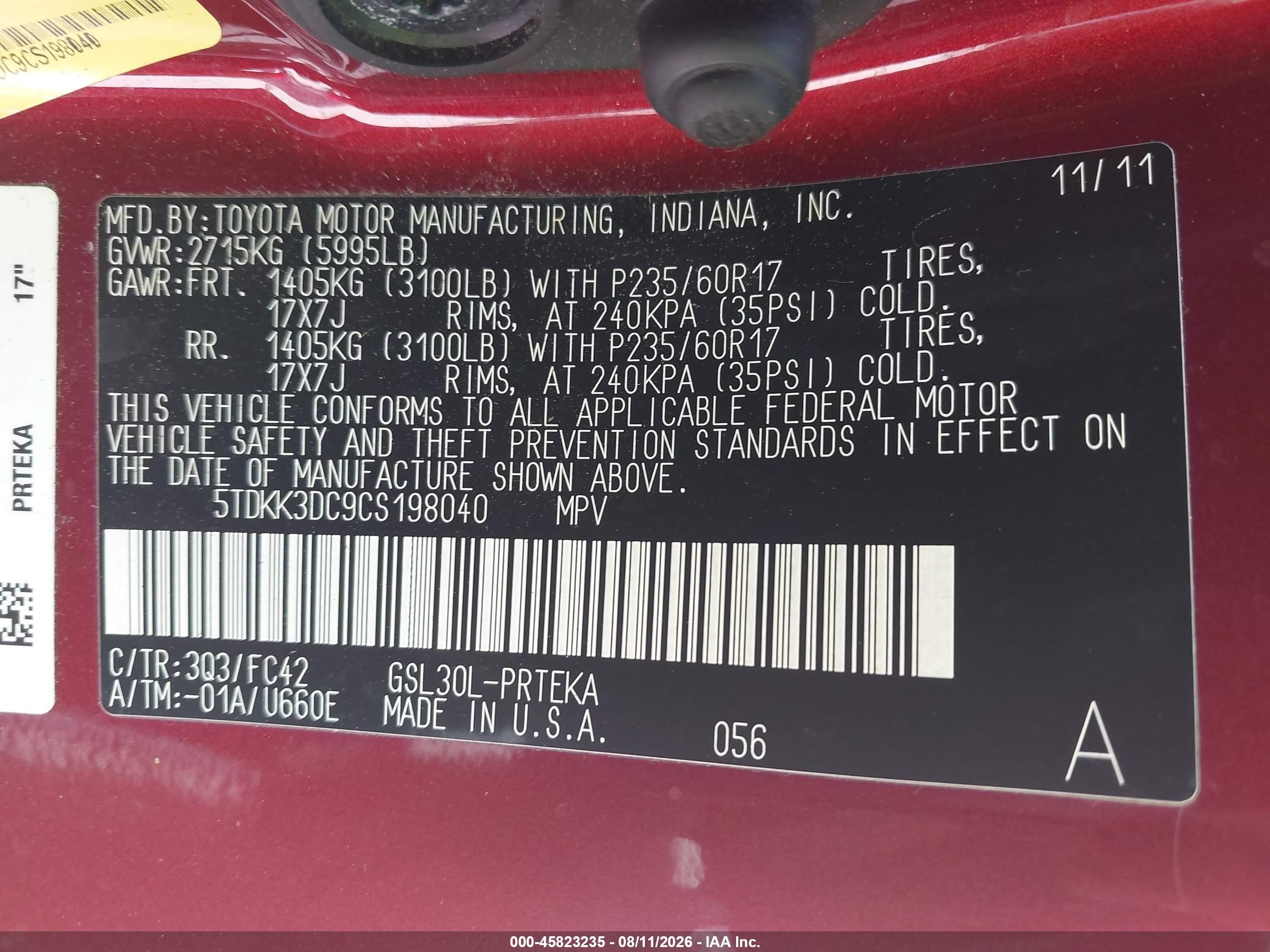 2012 Toyota Sienna Le V6 8 Passenger Red vin: 5TDKK3DC9CS198040