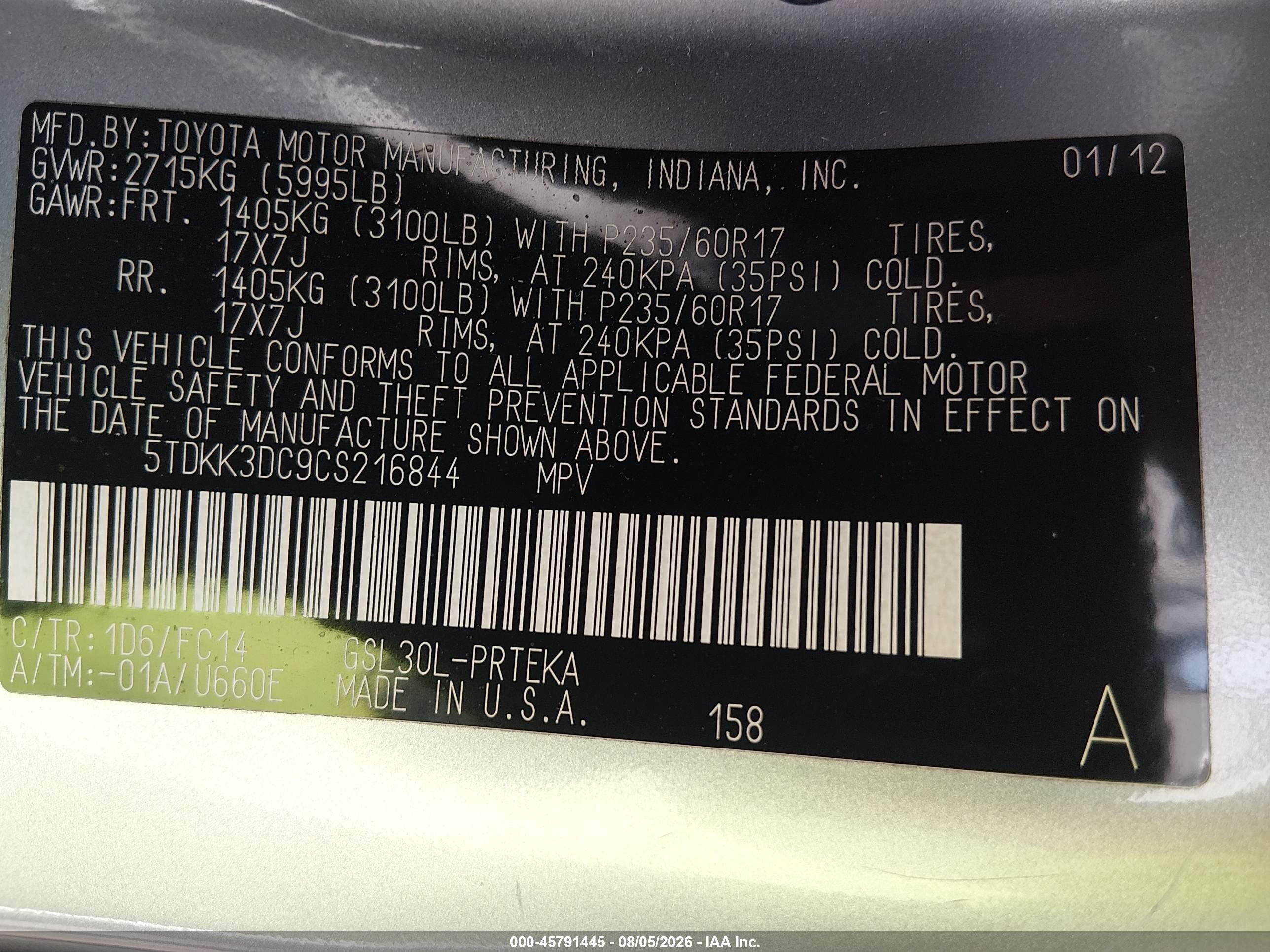 2012 Toyota Sienna Le V6 8 Passenger Silver vin: 5TDKK3DC9CS216844