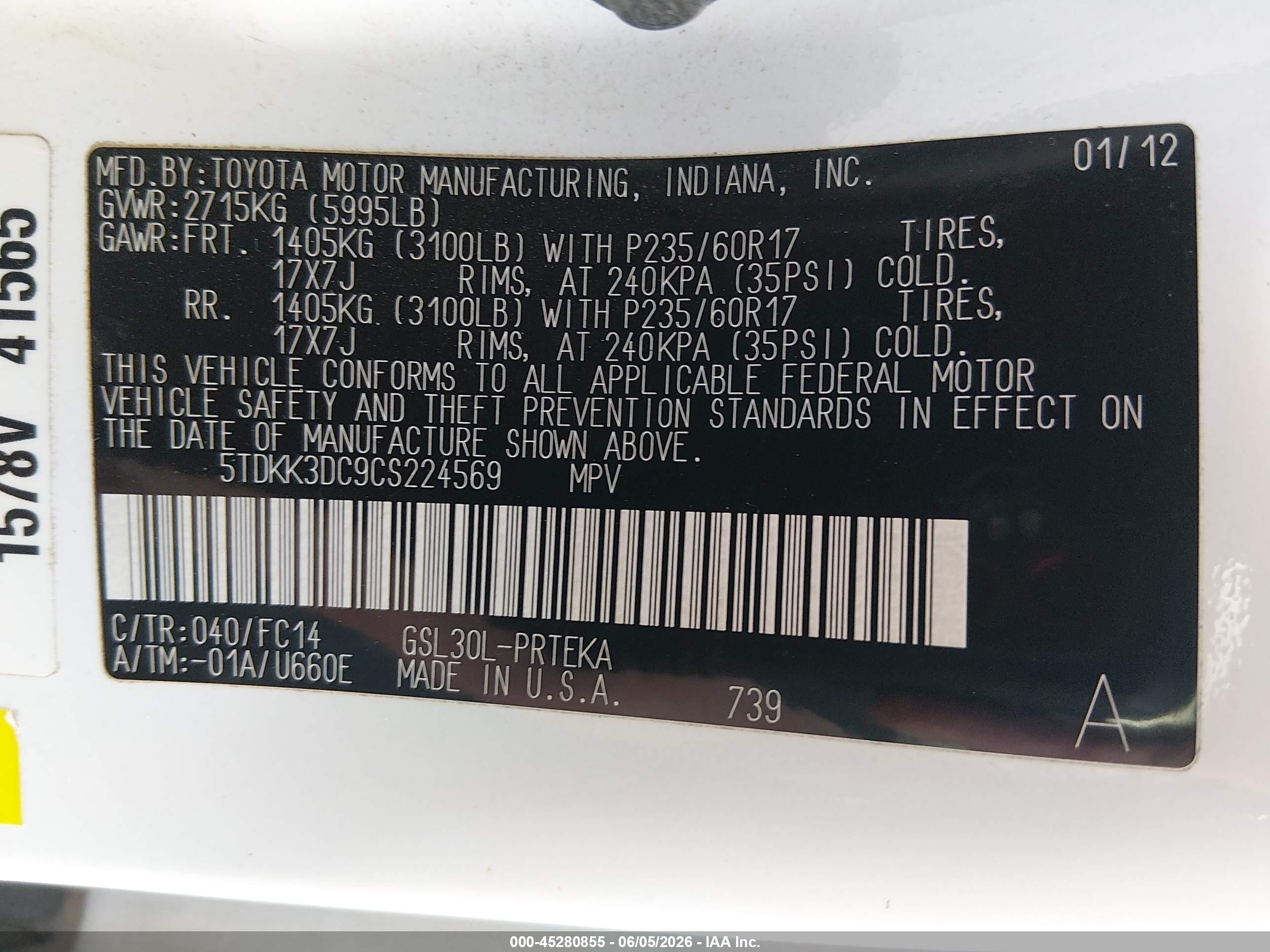2012 Toyota Sienna Le V6 8 Passenger White vin: 5TDKK3DC9CS224569