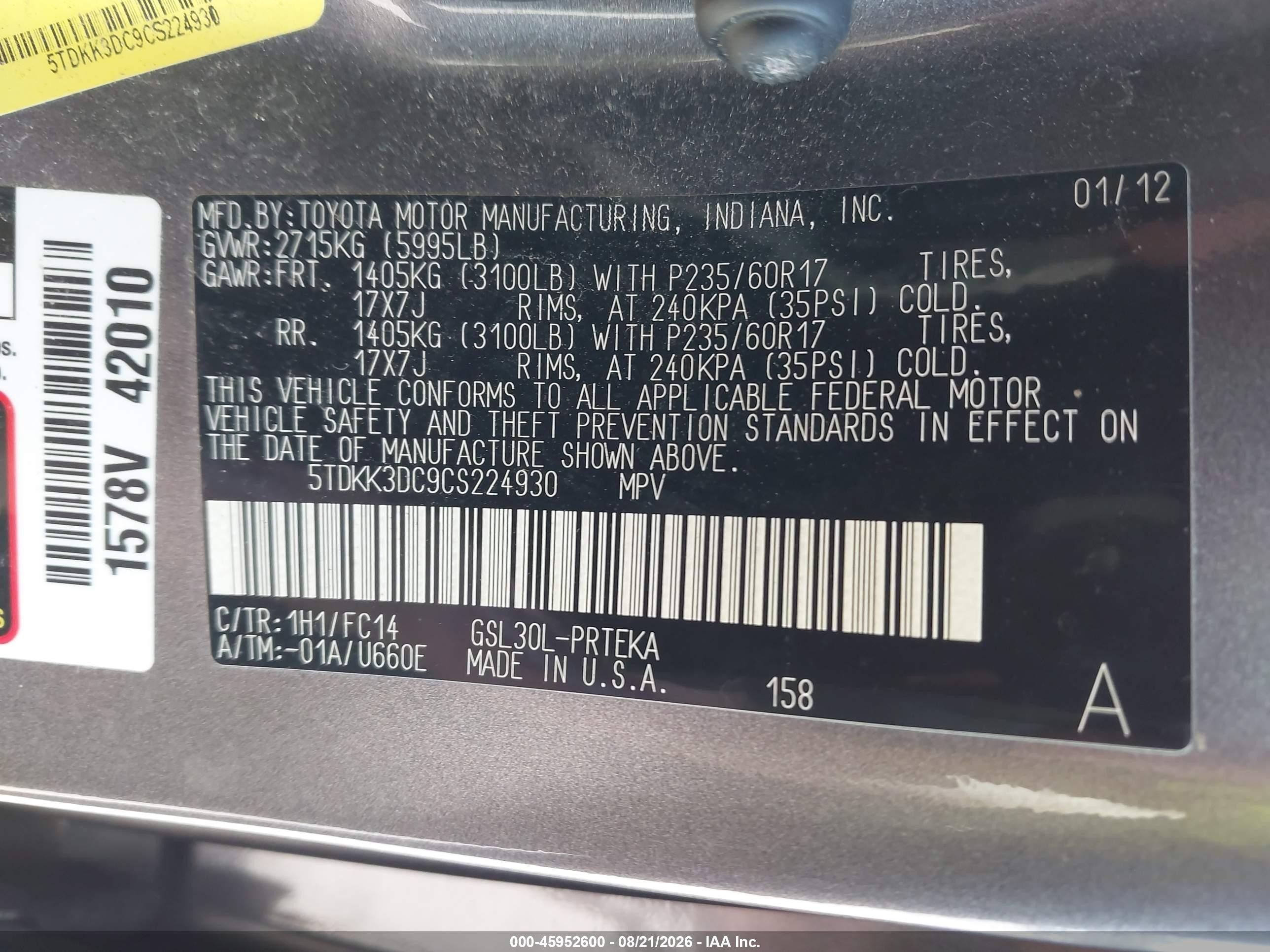 2012 Toyota Sienna Le V6 8 Passenger Gray vin: 5TDKK3DC9CS224930