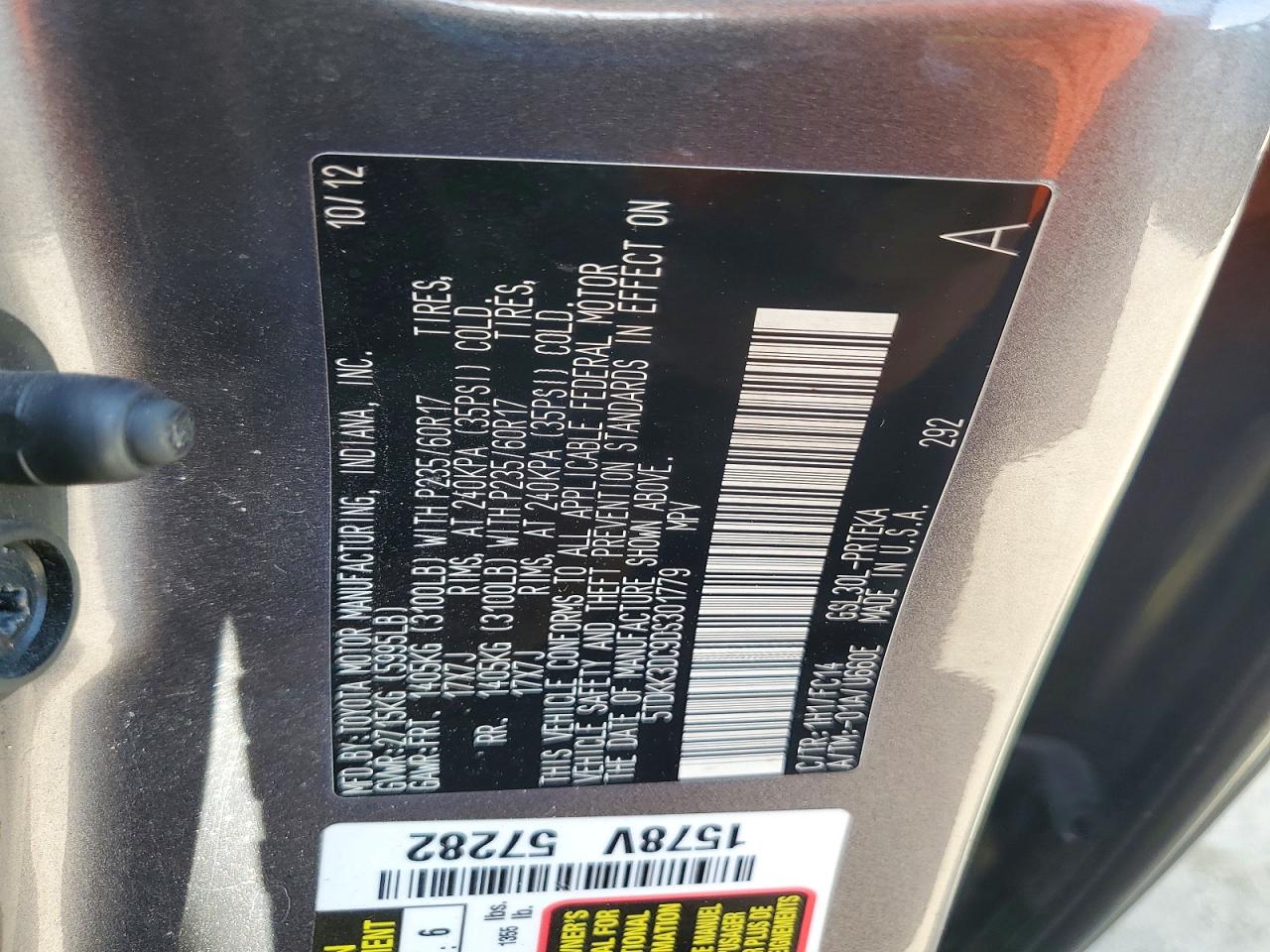 2013 Toyota Sienna Le Gray vin: 5TDKK3DC9DS301779