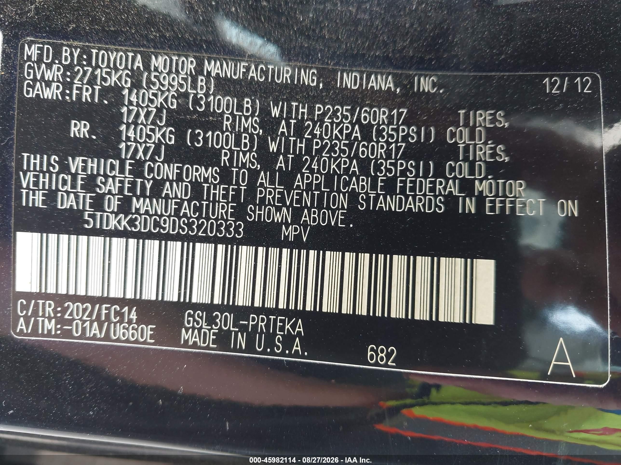 2013 Toyota Sienna Le V6 8 Passenger Black vin: 5TDKK3DC9DS320333