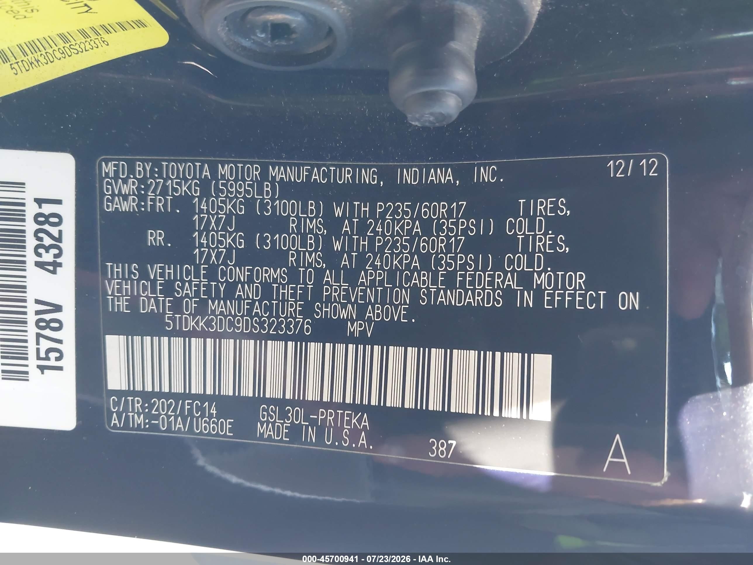 2013 Toyota Sienna Le V6 8 Passenger Black vin: 5TDKK3DC9DS323376
