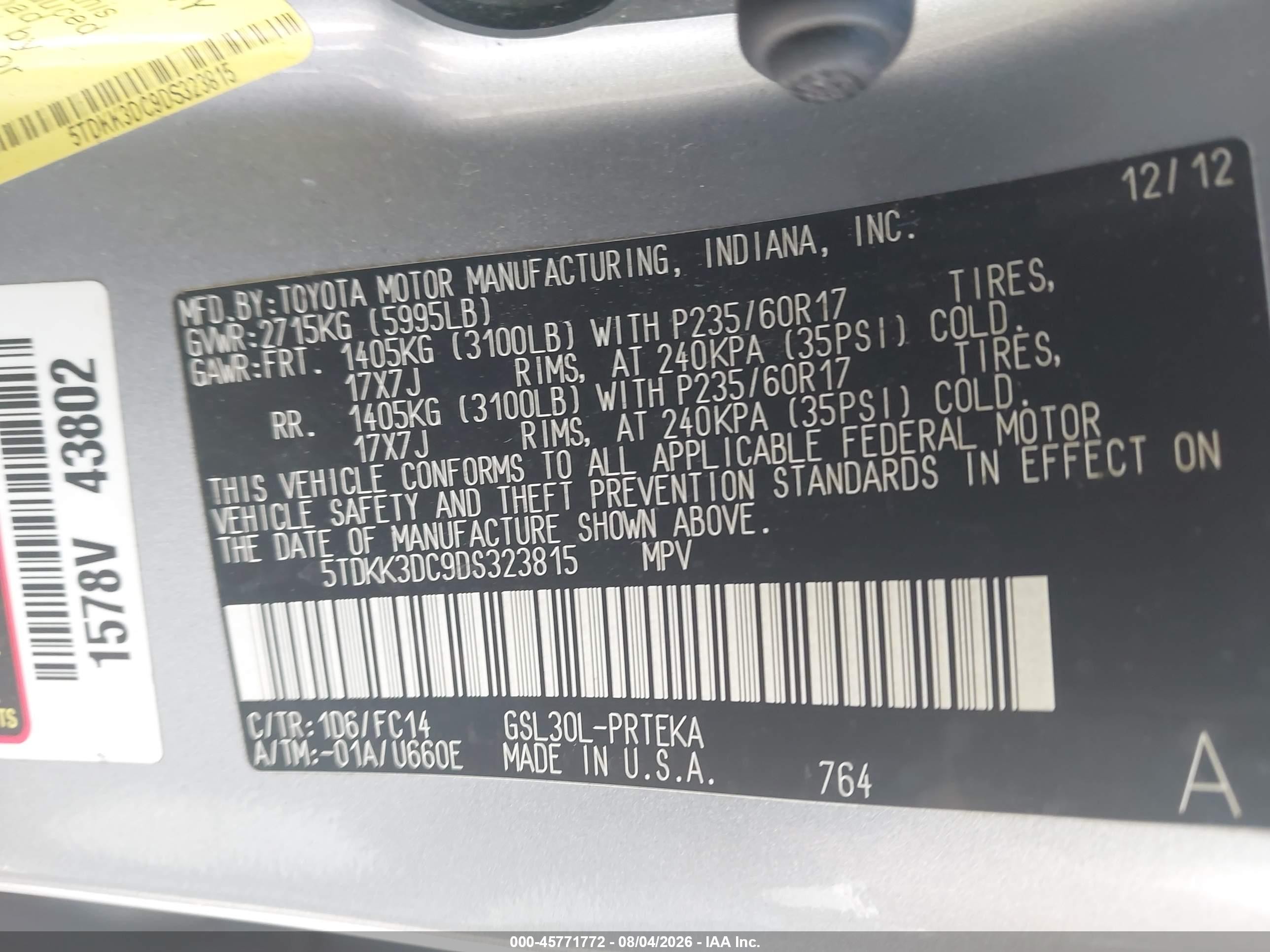 2013 Toyota Sienna Le V6 8 Passenger Silver vin: 5TDKK3DC9DS323815