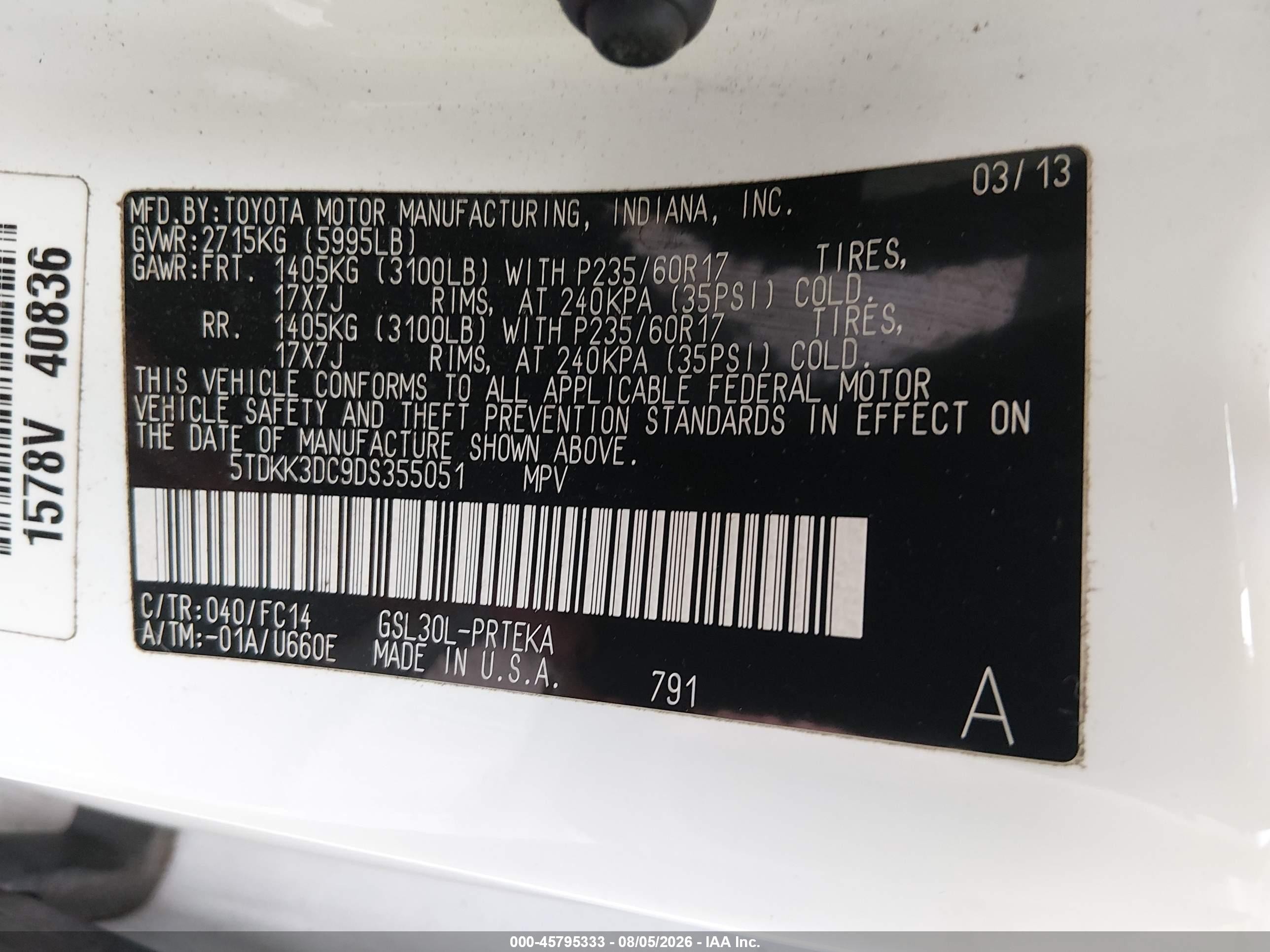 2013 Toyota Sienna Le V6 8 Passenger Белый vin: 5TDKK3DC9DS355051