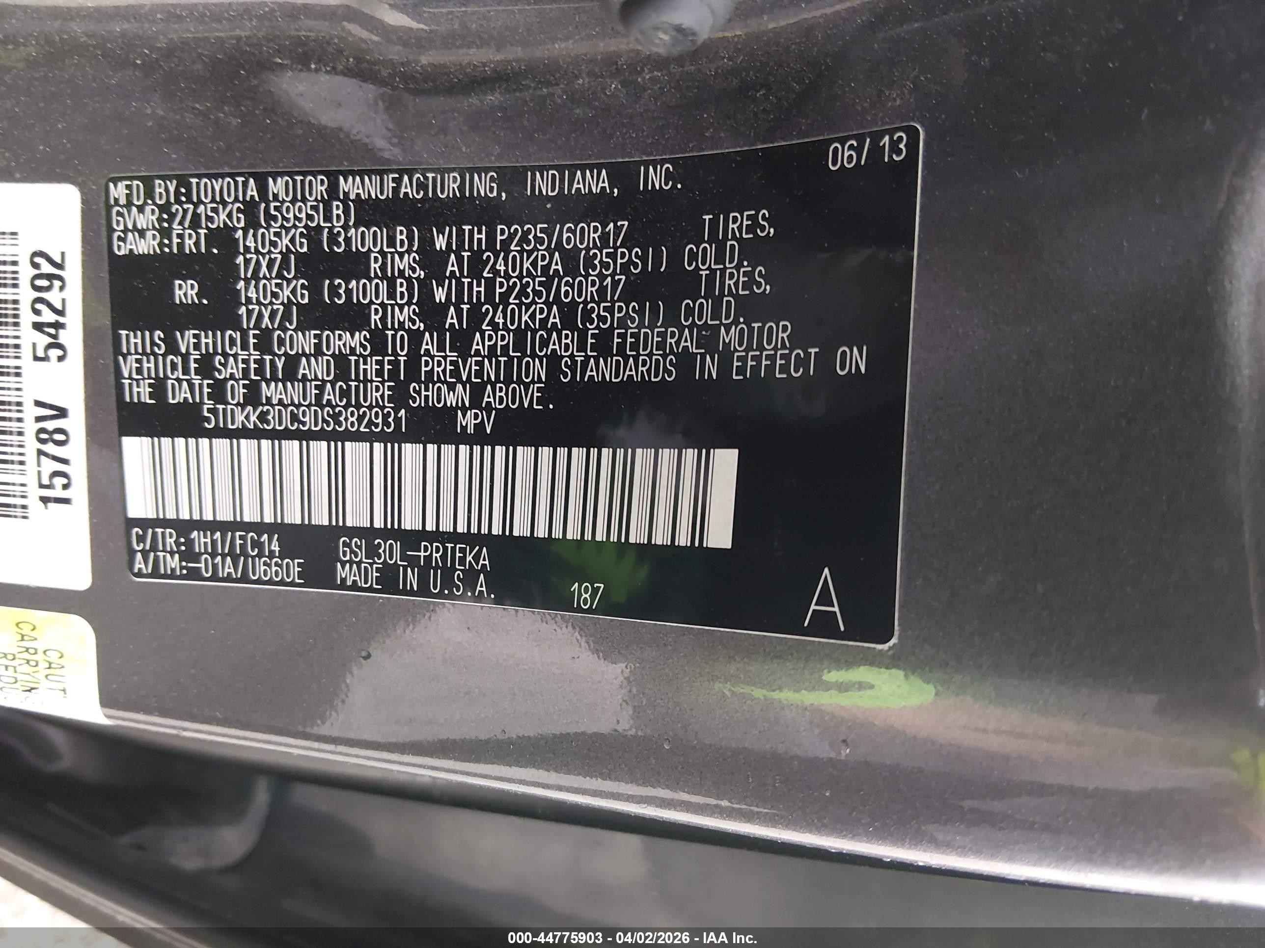 2013 Toyota Sienna Le V6 8 Passenger Gray vin: 5TDKK3DC9DS382931