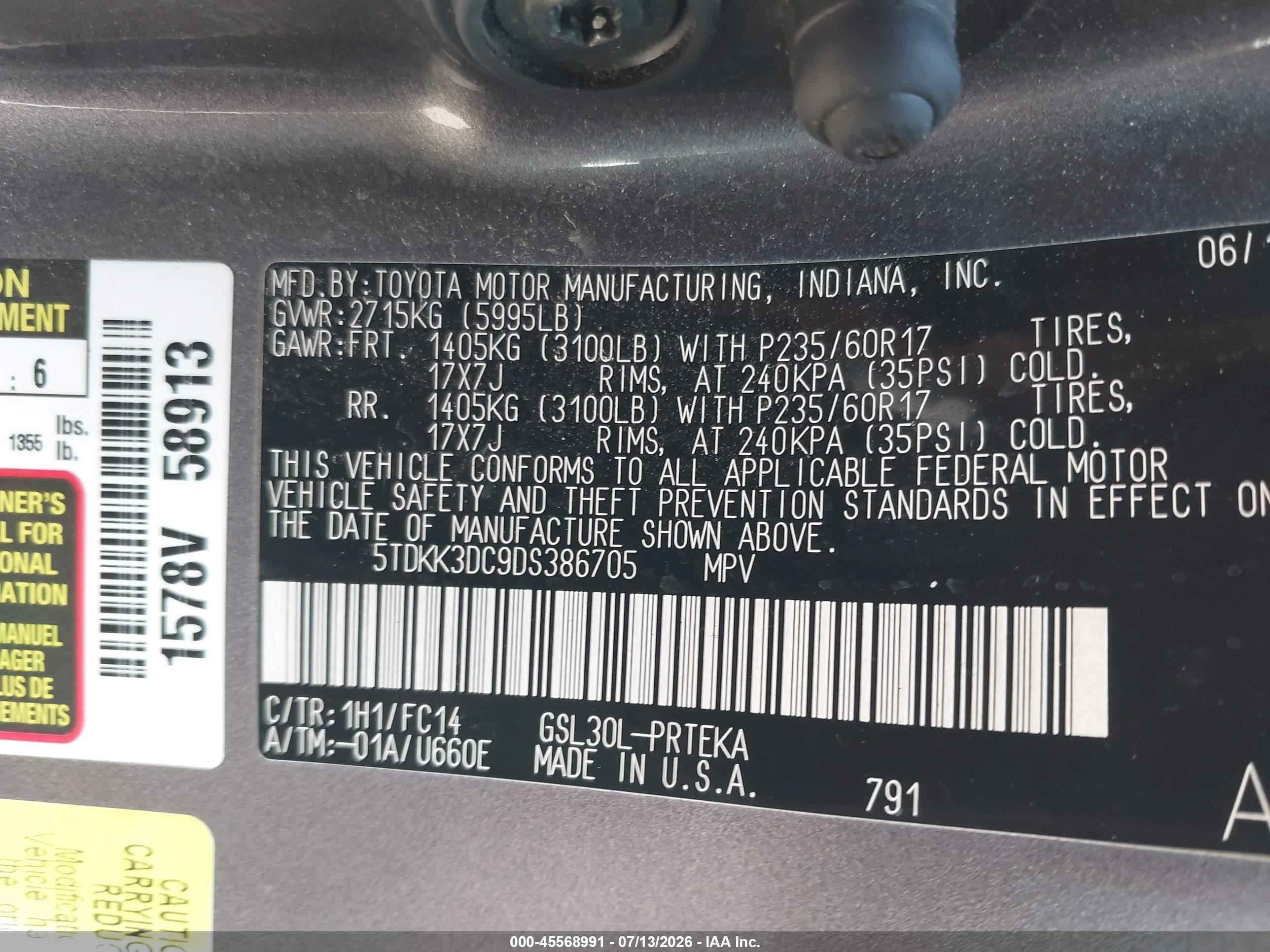 2013 Toyota Sienna Le V6 8 Passenger Gray vin: 5TDKK3DC9DS386705