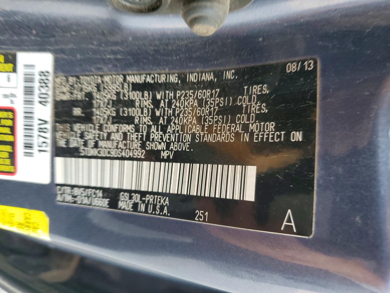 2013 Toyota Sienna Le Синий vin: 5TDKK3DC9DS404992
