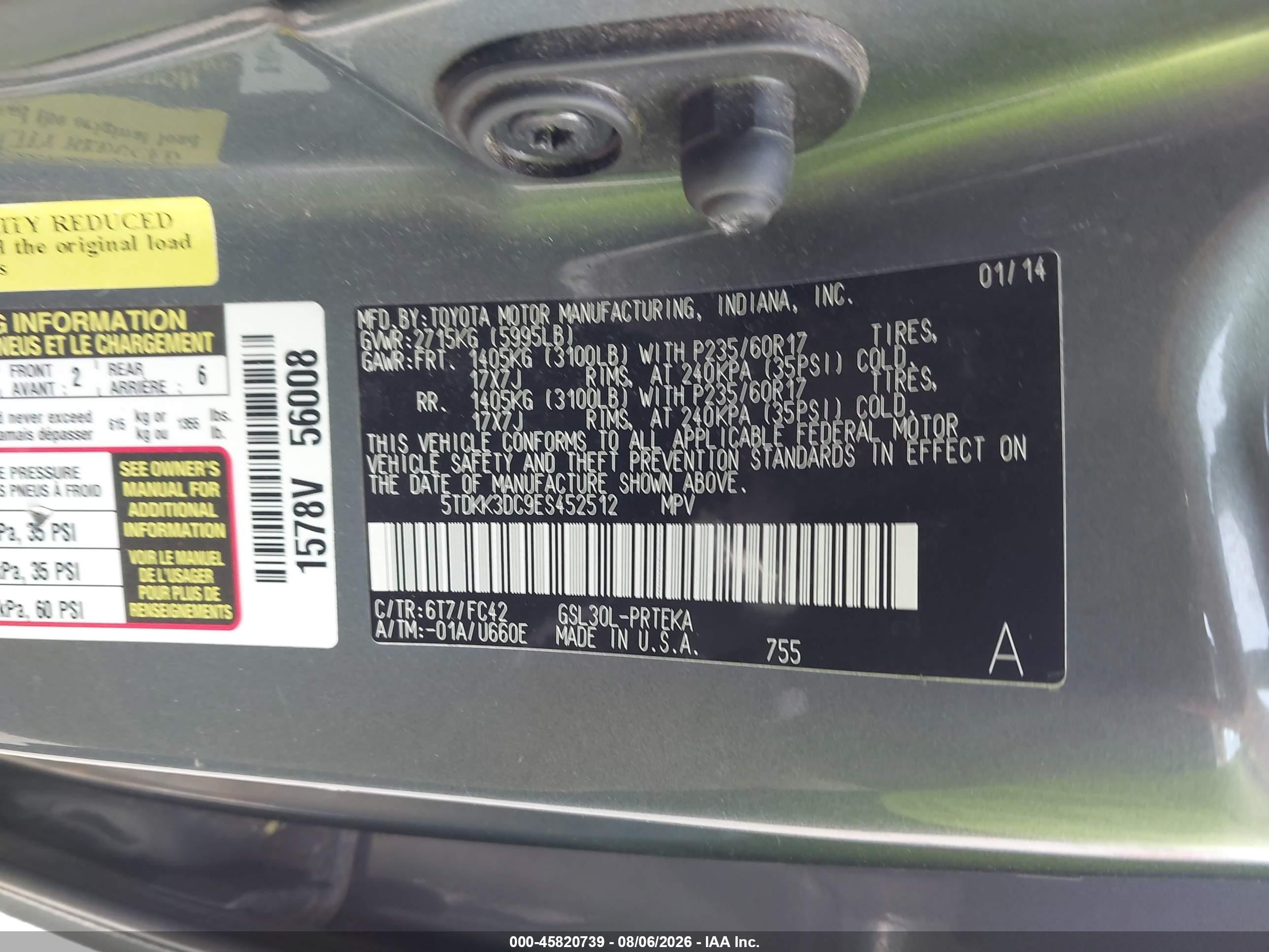 2014 Toyota Sienna Le V6 8 Passenger Green vin: 5TDKK3DC9ES452512