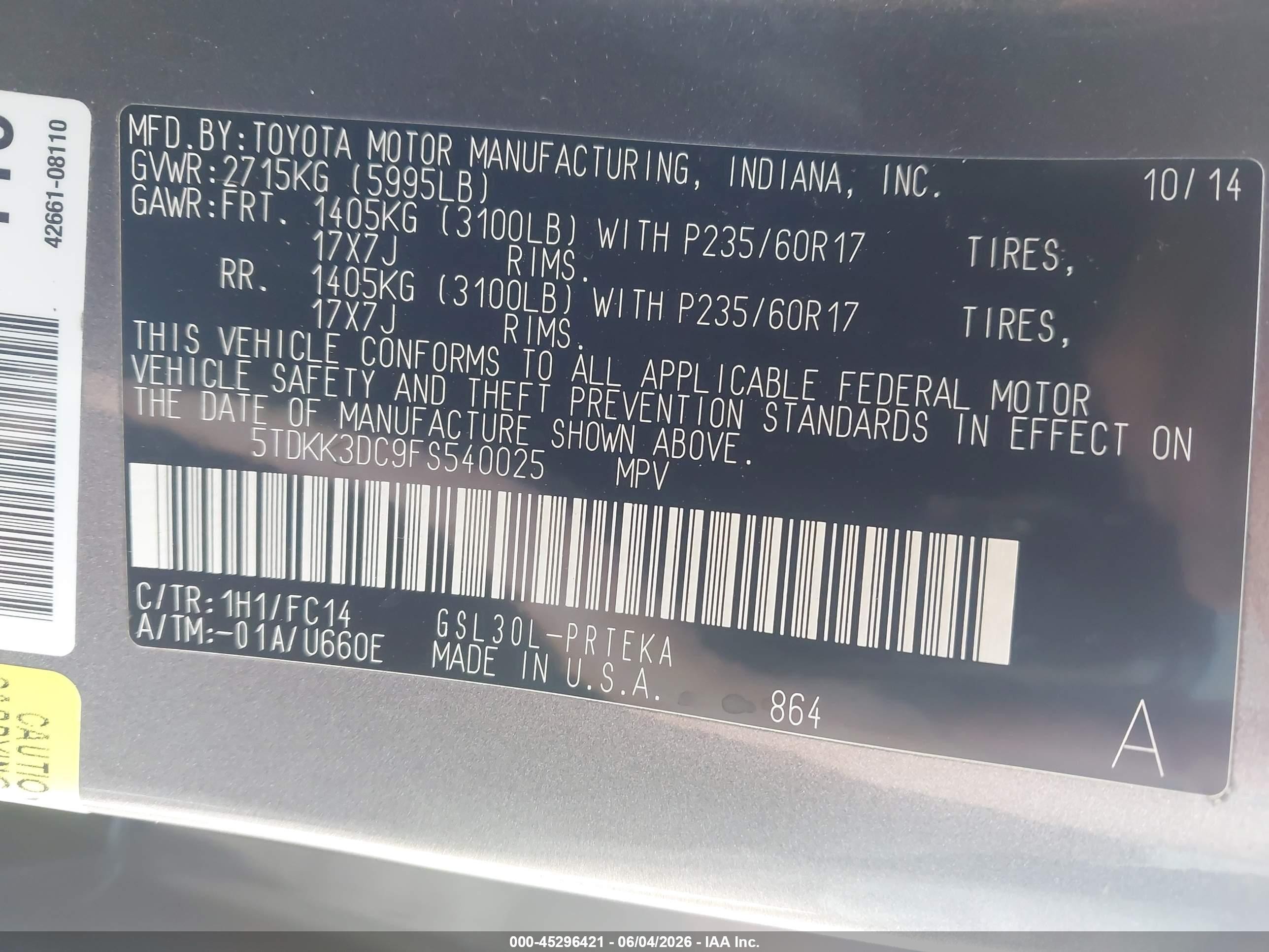 2015 Toyota Sienna Le 8 Passenger Gray vin: 5TDKK3DC9FS540025