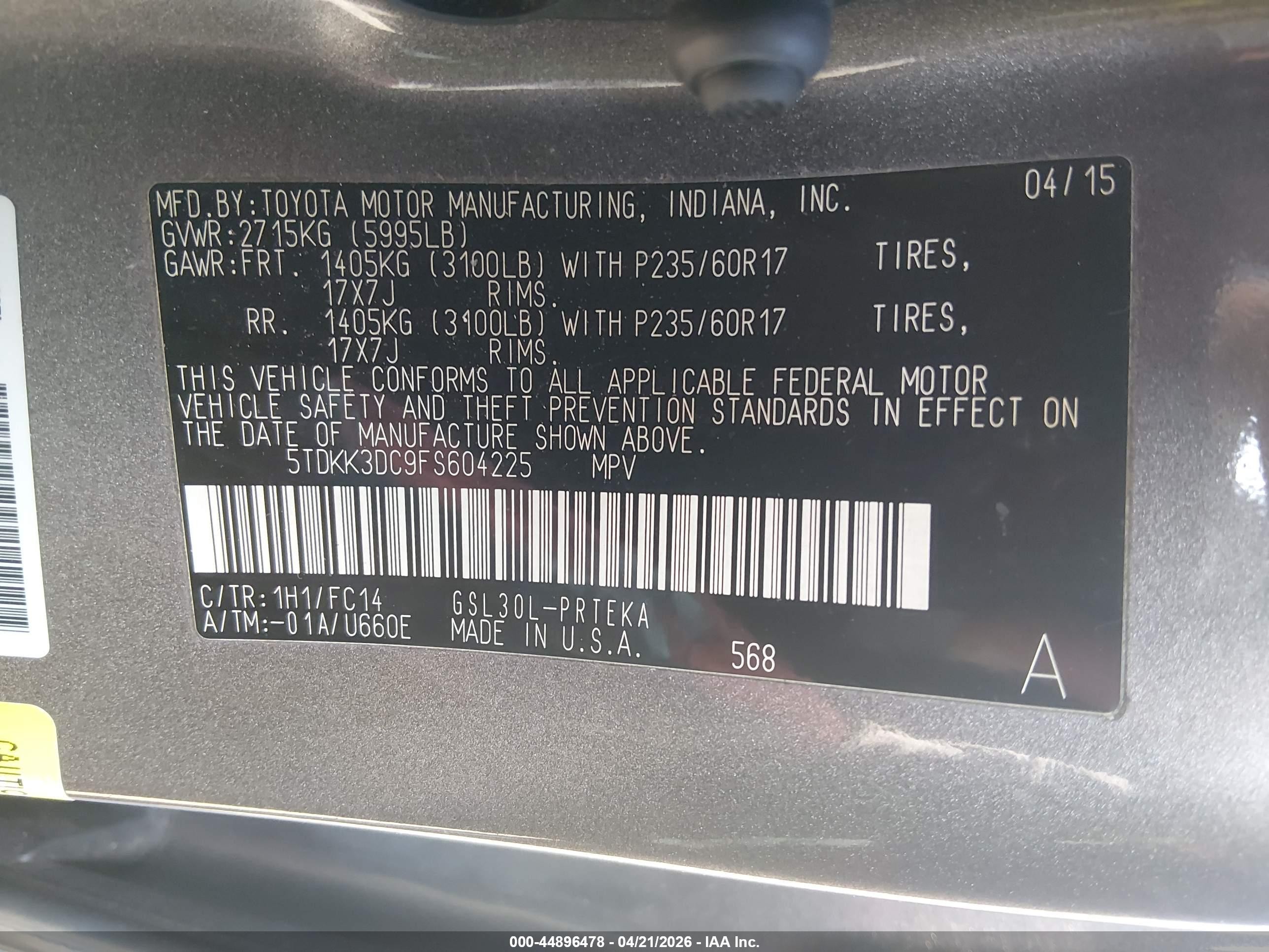 2015 Toyota Sienna Le 8 Passenger Gray vin: 5TDKK3DC9FS604225