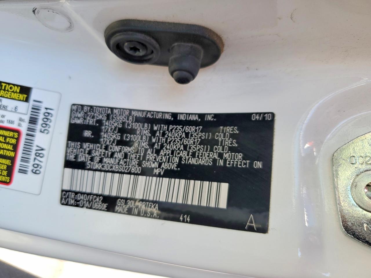 2011 Toyota Sienna Le Белый vin: 5TDKK3DCXBS027800
