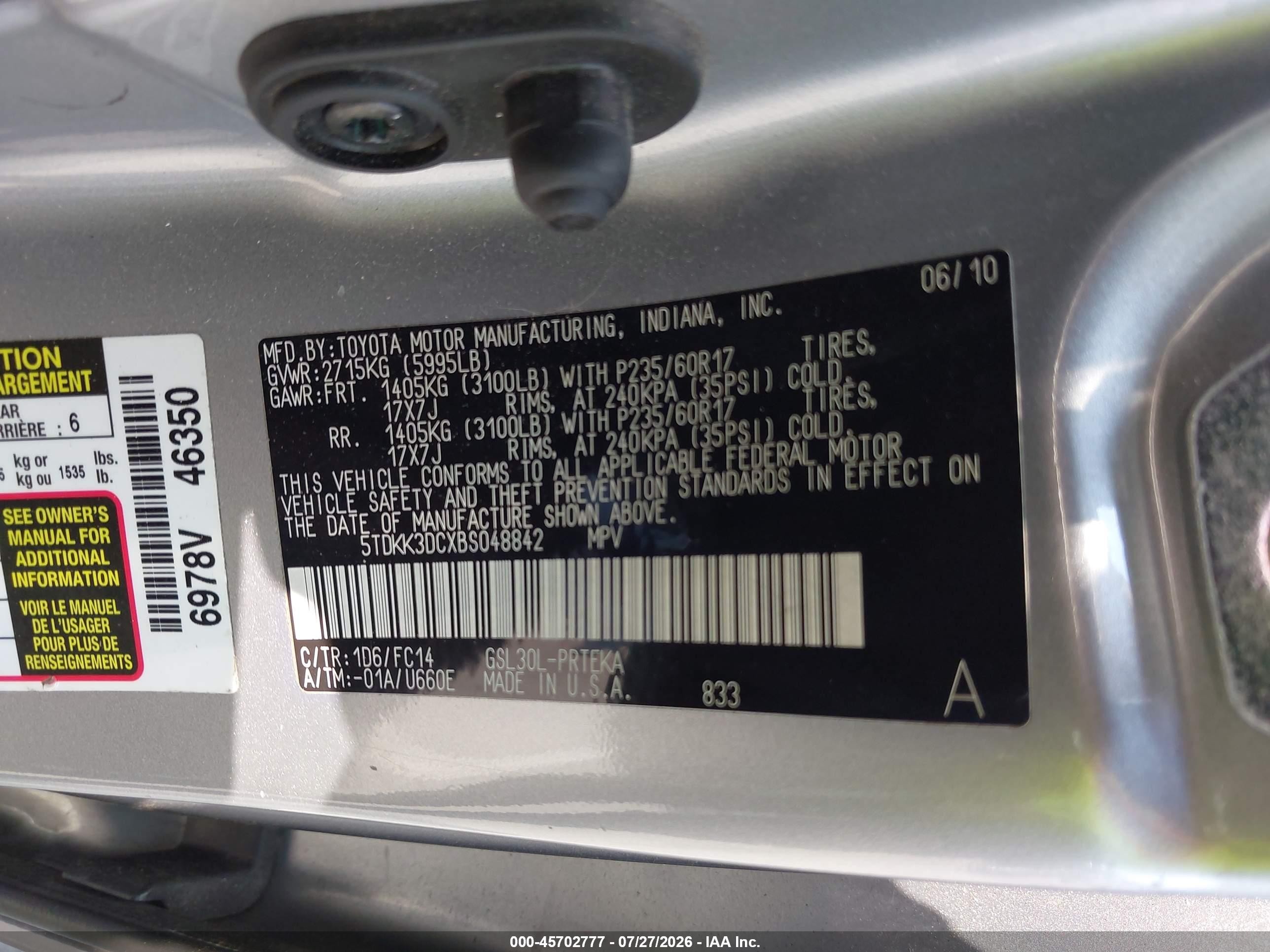 2011 Toyota Sienna Le V6 Silver vin: 5TDKK3DCXBS048842