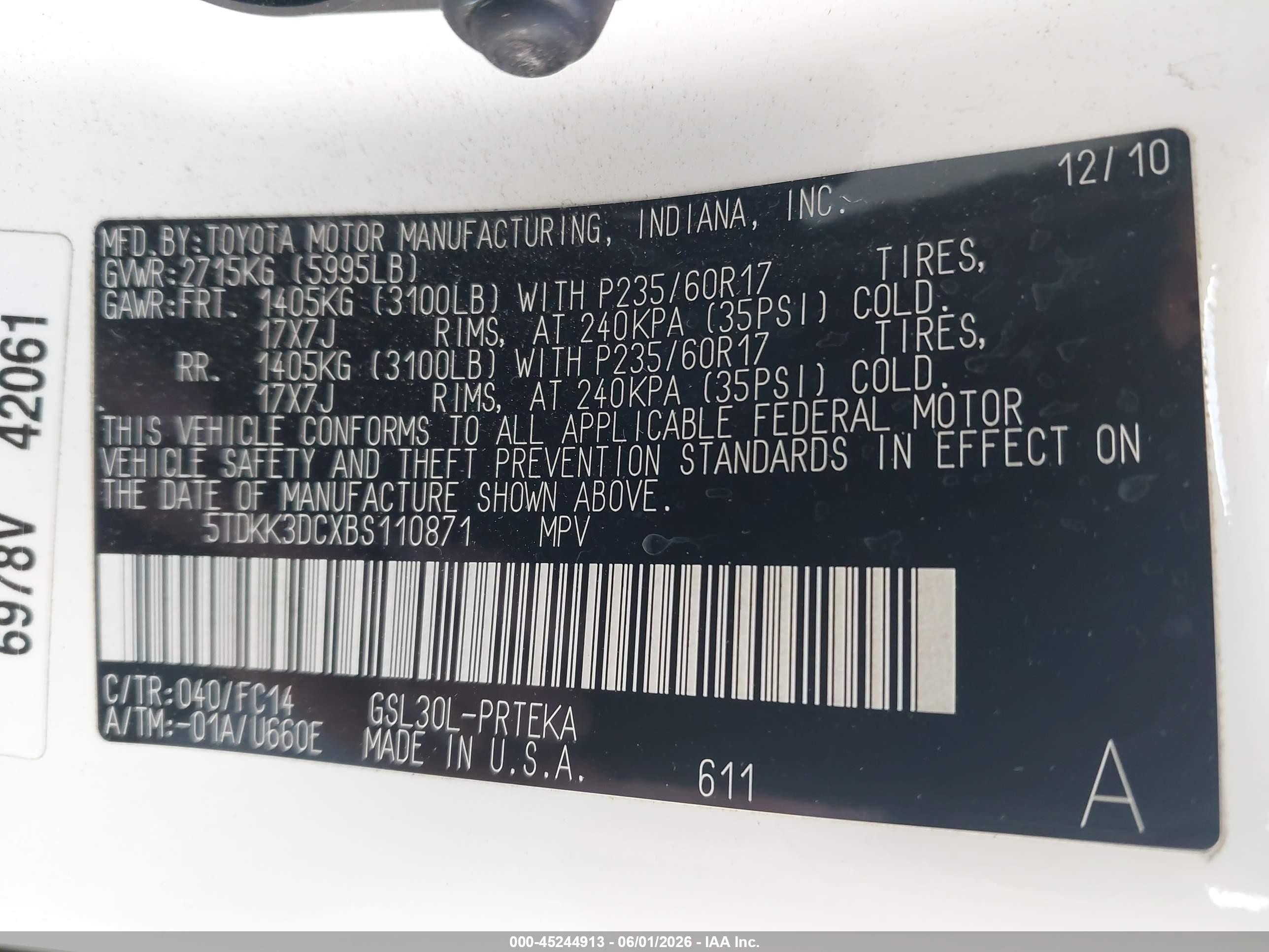 2011 Toyota Sienna Le V6 Белый vin: 5TDKK3DCXBS110871