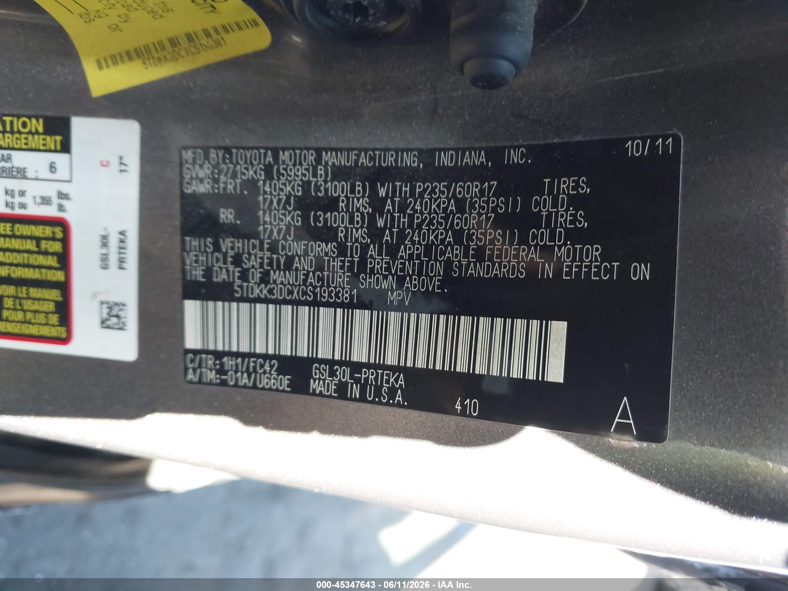 2012 Toyota Sienna Le V6 8 Passenger Gray vin: 5TDKK3DCXCS193381