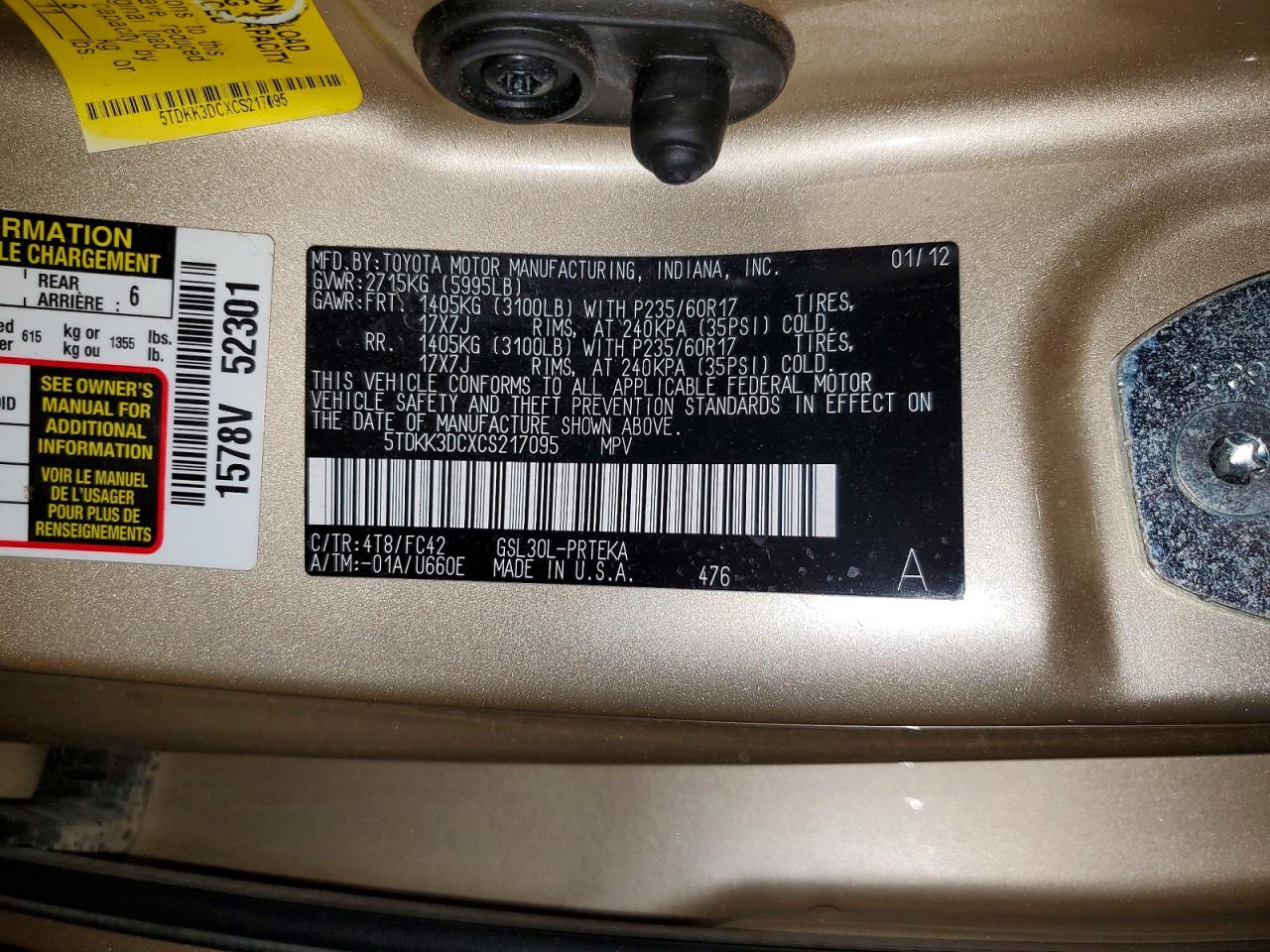2012 Toyota Sienna Le Tan vin: 5TDKK3DCXCS217095