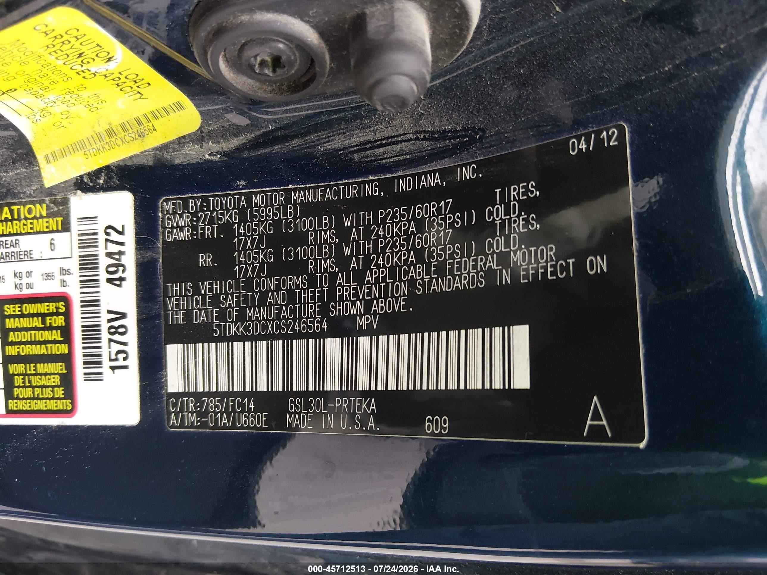 2012 Toyota Sienna Le V6 8 Passenger Blue vin: 5TDKK3DCXCS246564