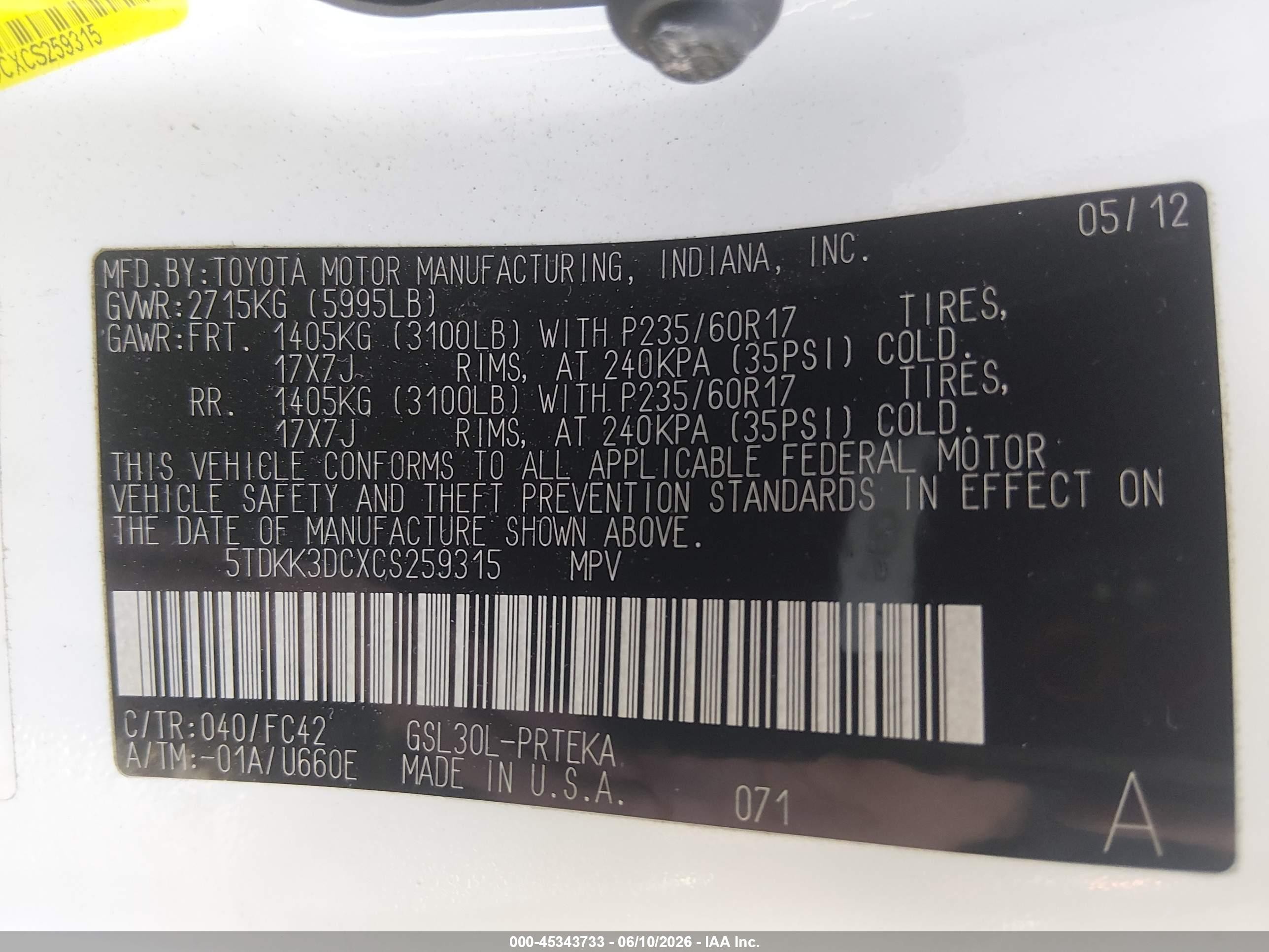 2012 Toyota Sienna Le V6 8 Passenger Белый vin: 5TDKK3DCXCS259315