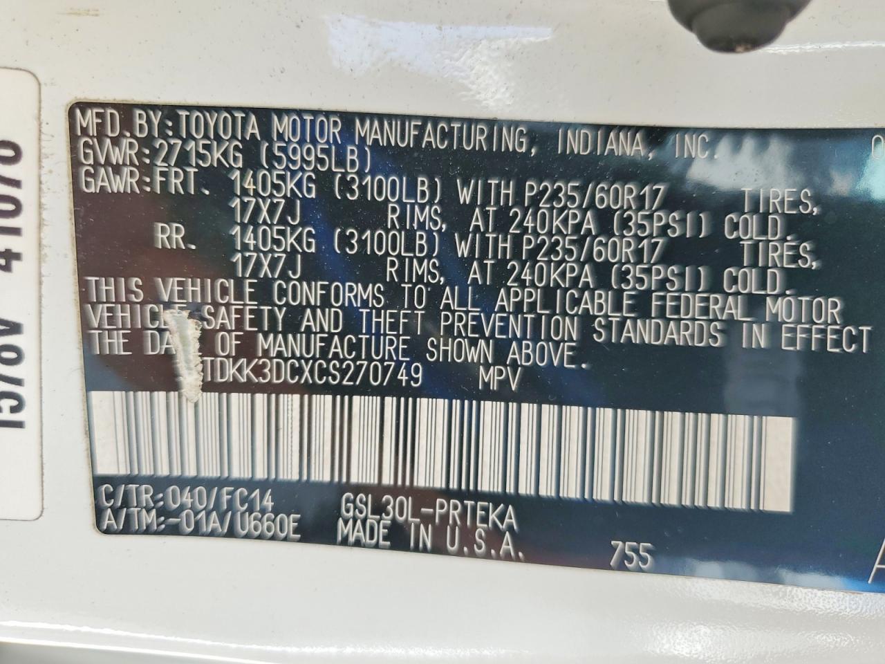 2012 Toyota Sienna Le White vin: 5TDKK3DCXCS270749