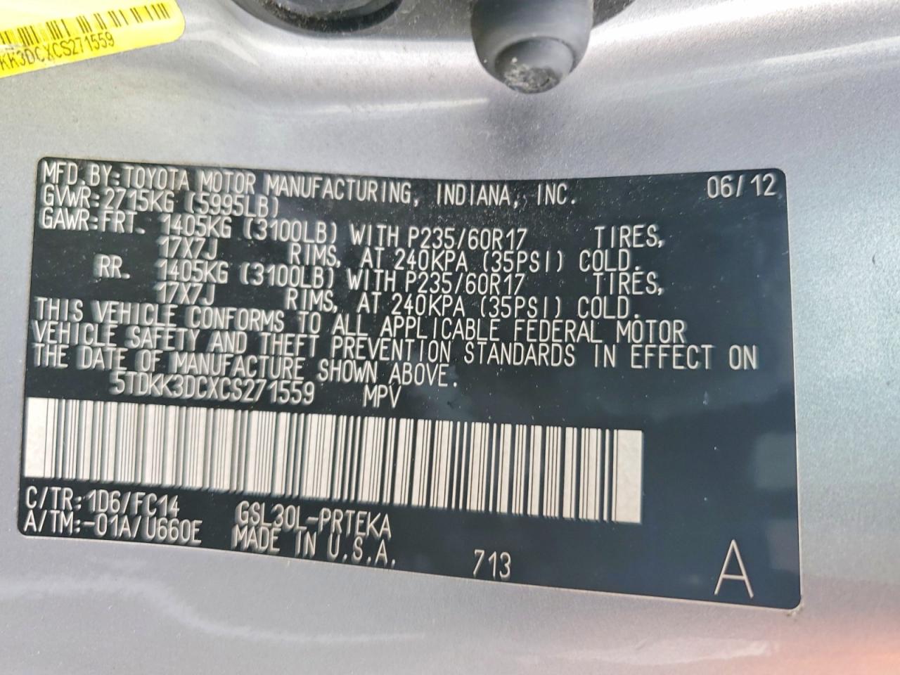 2012 Toyota Sienna Le Gray vin: 5TDKK3DCXCS271559