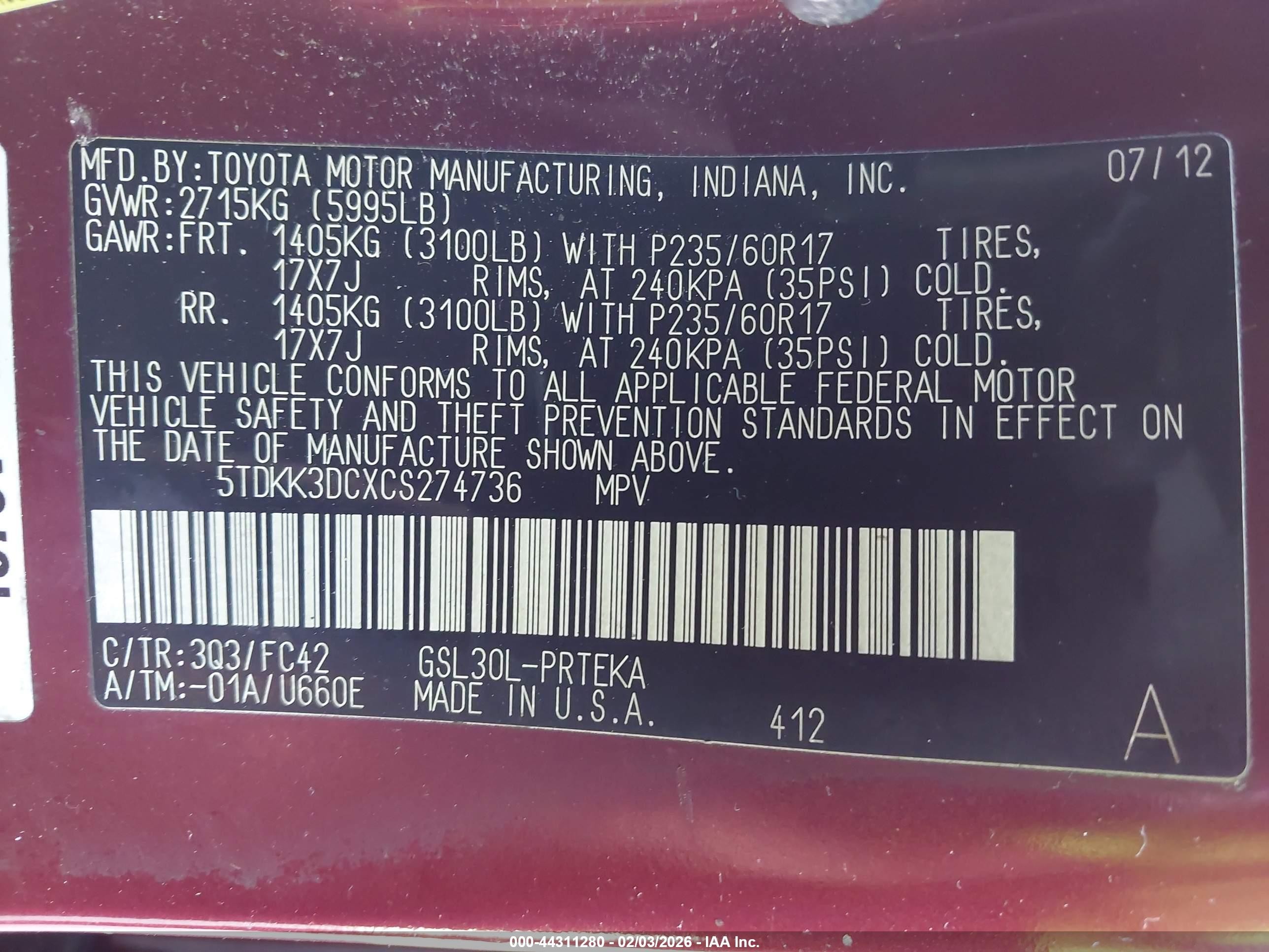 2012 Toyota Sienna Le V6 8 Passenger Red vin: 5TDKK3DCXCS274736